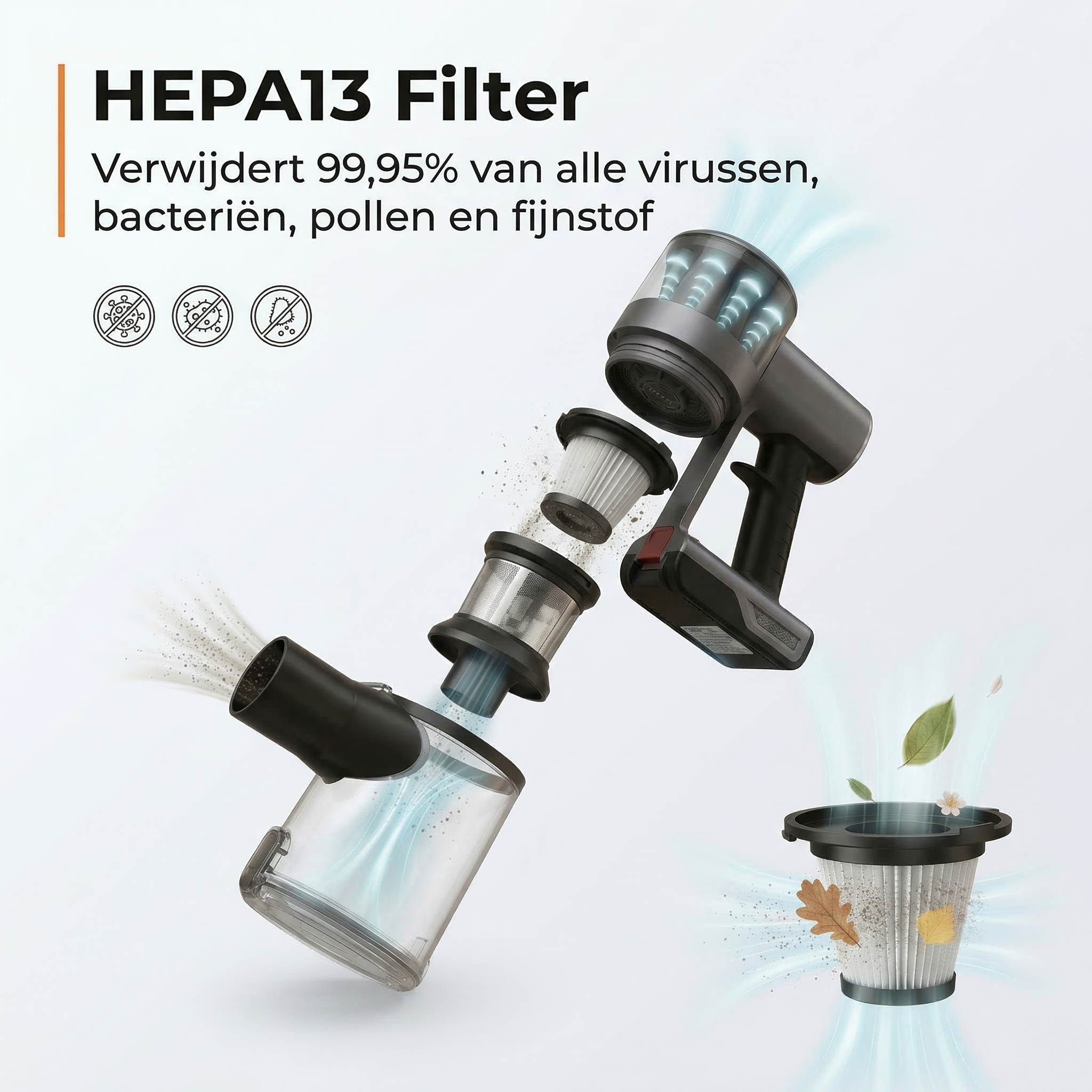 A HEPA13 filter vacuums dust and leaves. Parts of a handheld vacuum are visible.