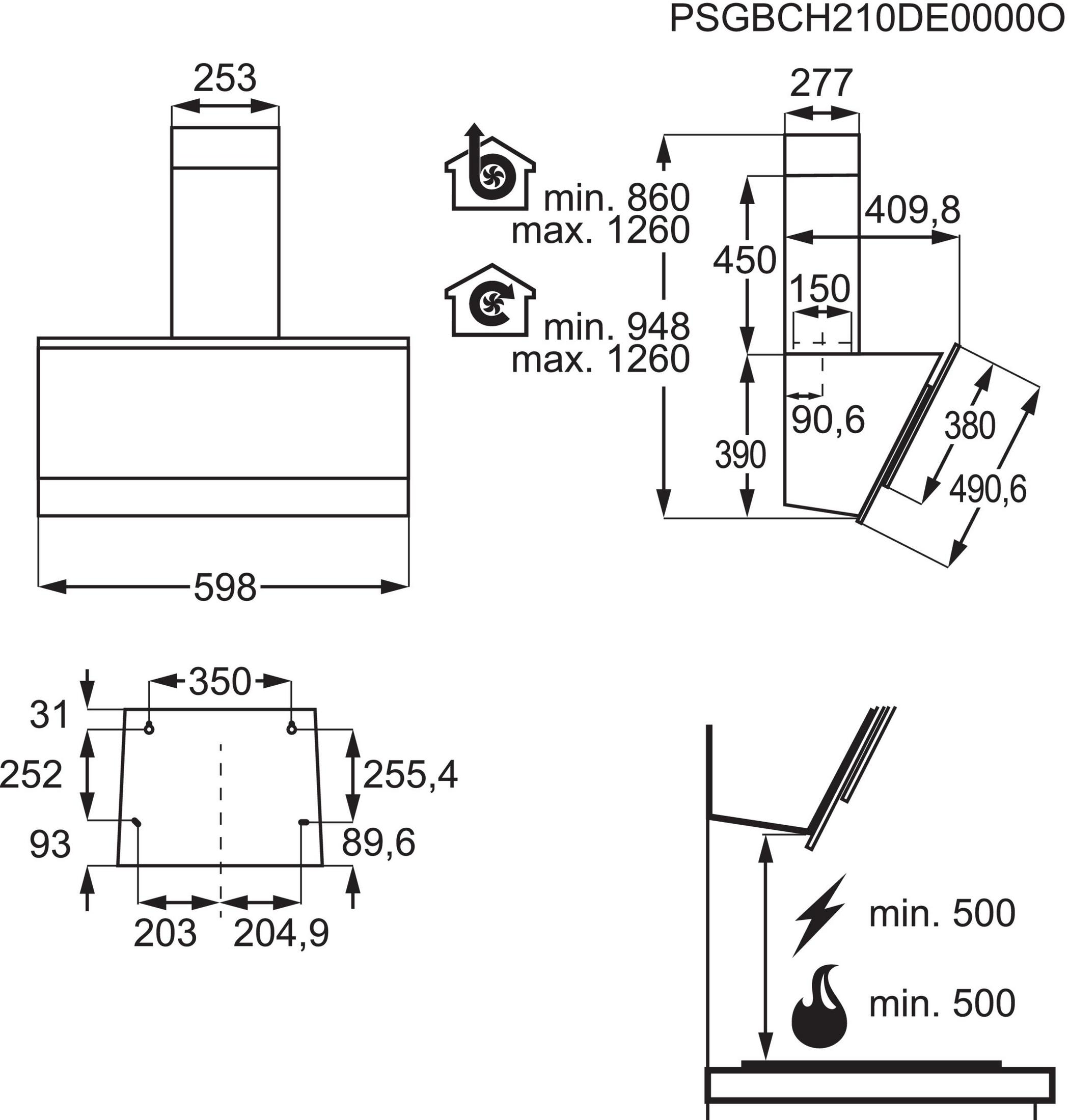 Dibujo técnico de una campana extractora con dimensiones y notas de instalación.