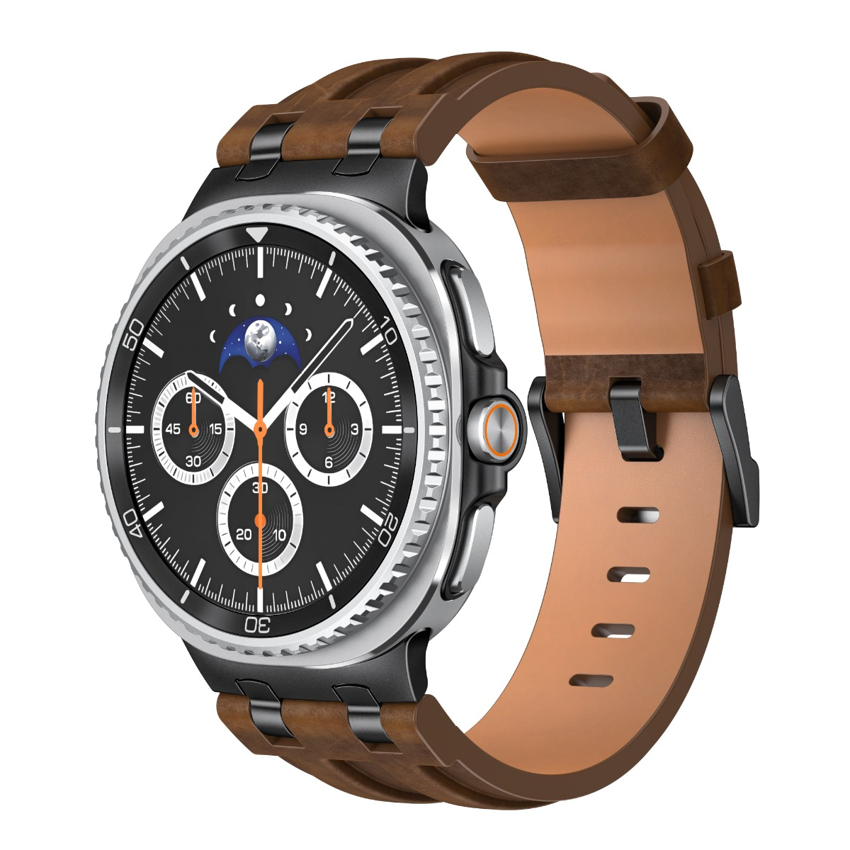 Eine stilvolle silberne und schwarze Smartwatch mit braunem Lederarmband und Mondphasenanzeige.