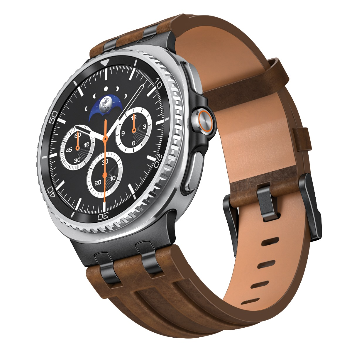Eine nahaufnahme einer smarten armbanduhr mit braunem lederarmband und silbernem gehäuse.
