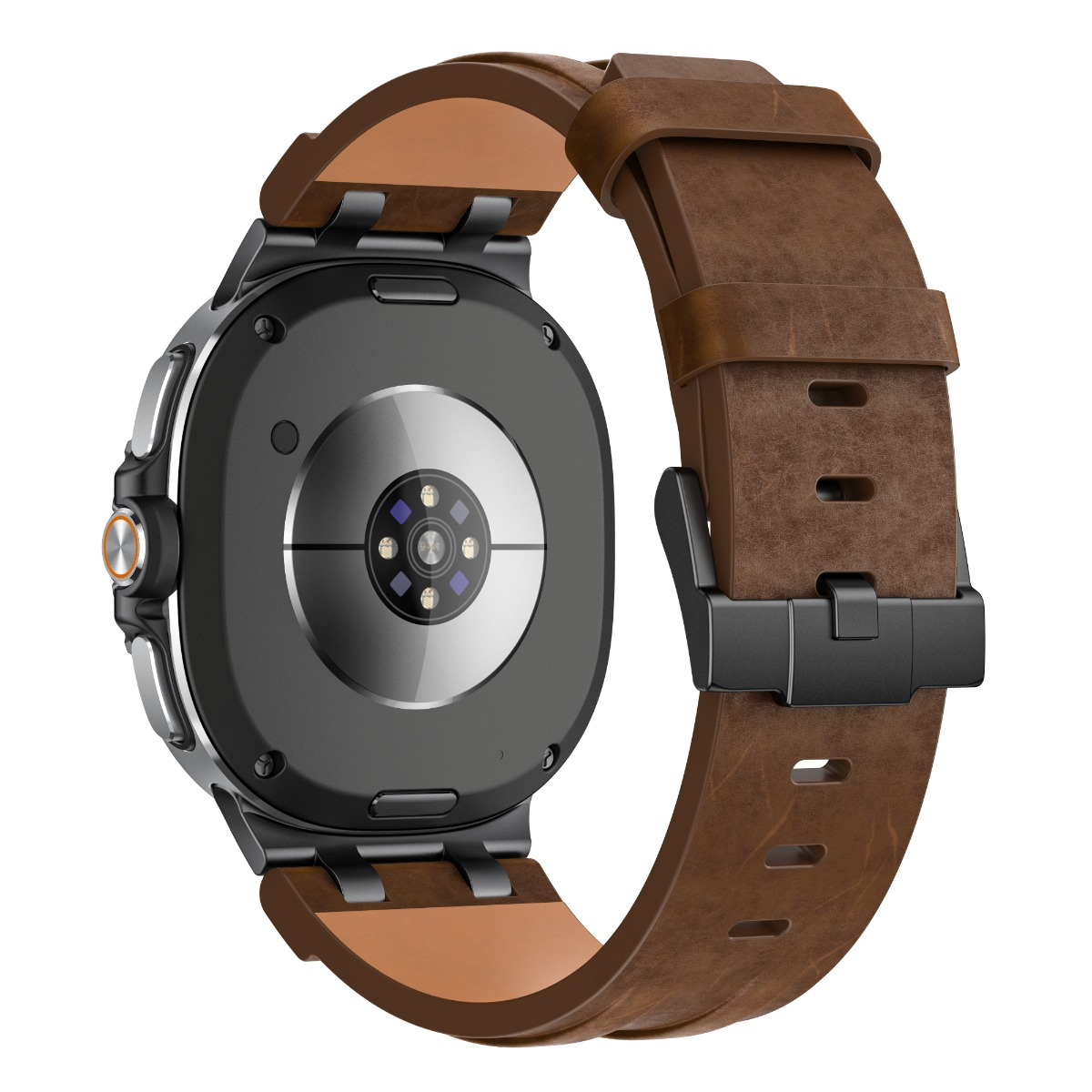 Rückseite einer Smartwatch mit braunem Lederarmband und schwarzer Schnalle.