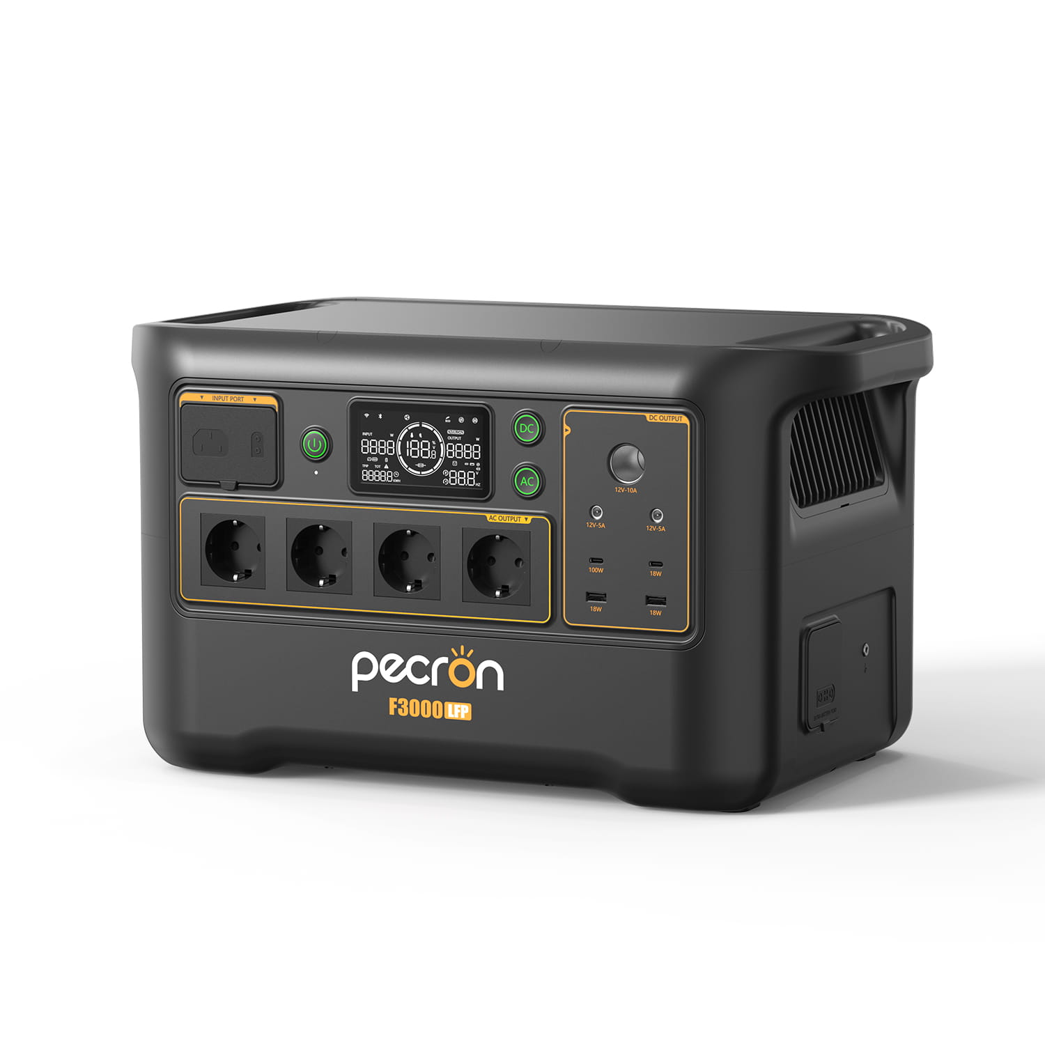 Czarna stacja zasilająca Pecron F3000 LFP z wieloma gniazdami i cyfrowym wyświetlaczem.