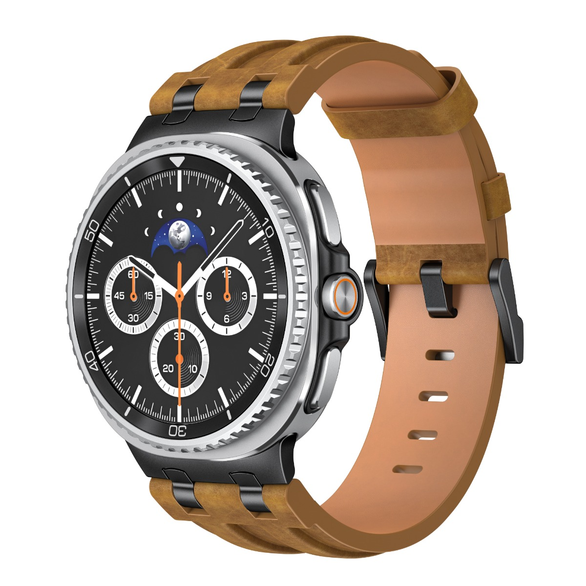 Eine Smartwatch mit braunem Lederarmband und schwarzem Zifferblatt mit Mondphasenanzeige.