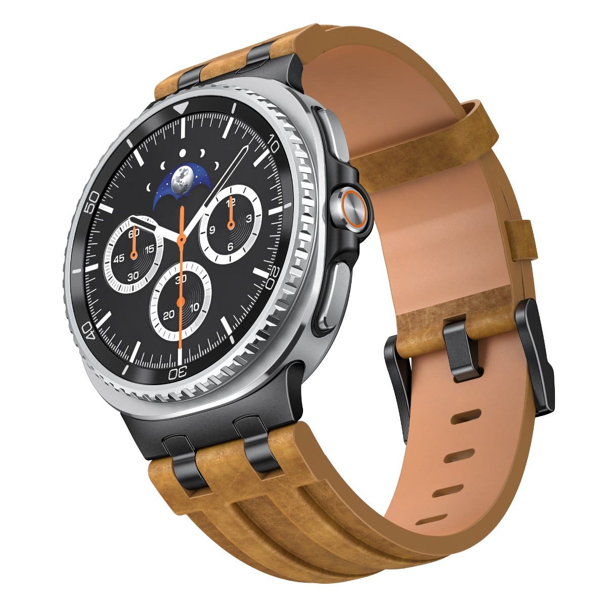 Eine Smartwatch mit braunem Lederarmband und schwarzem Zifferblatt.