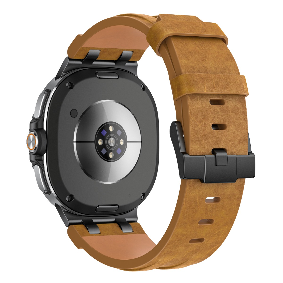 Rückseite einer Smartwatch mit braunem Lederarmband und schwarzer Schnalle.
