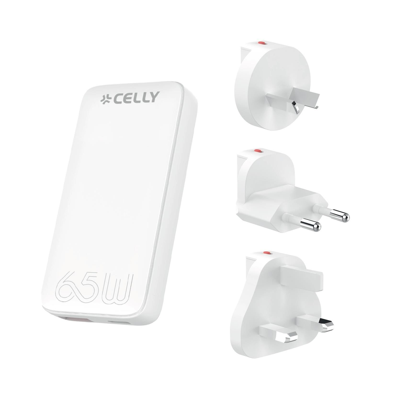 Üç değiştirilebilir fişli beyaz 65W şarj cihazı.