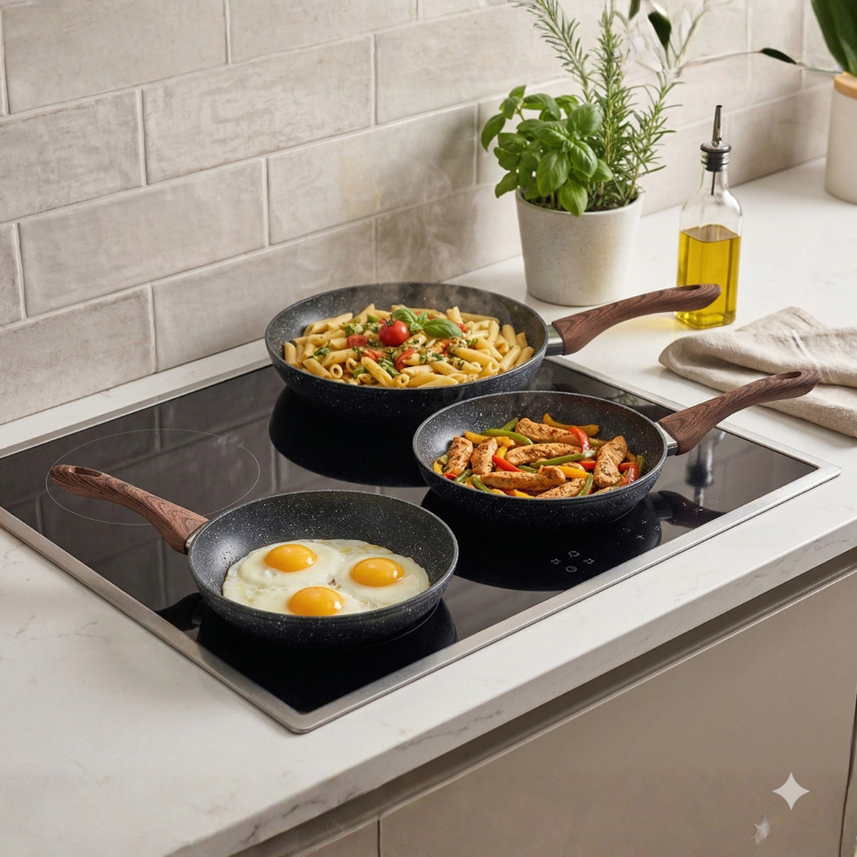 Tres sartenes en una estufa: huevos fritos, fajitas de pollo y pasta con salsa.