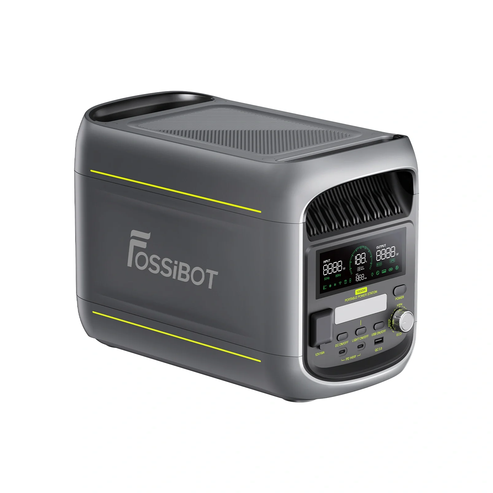 Szara przenośna stacja zasilania z żółtymi akcentami i cyfrowym wyświetlaczem.