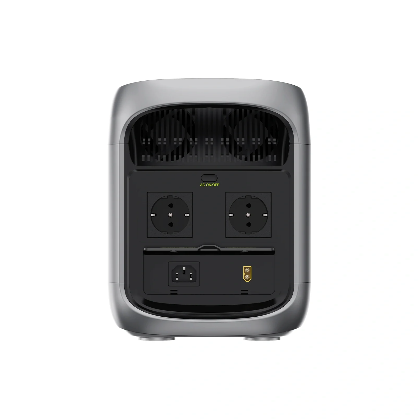 Tył srebrnego urządzenia z dwoma gniazdami, wentylatorami i portami.