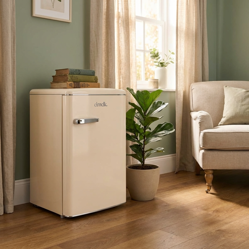 A cream-colored mini fridge with books and a plant beside an armchair.