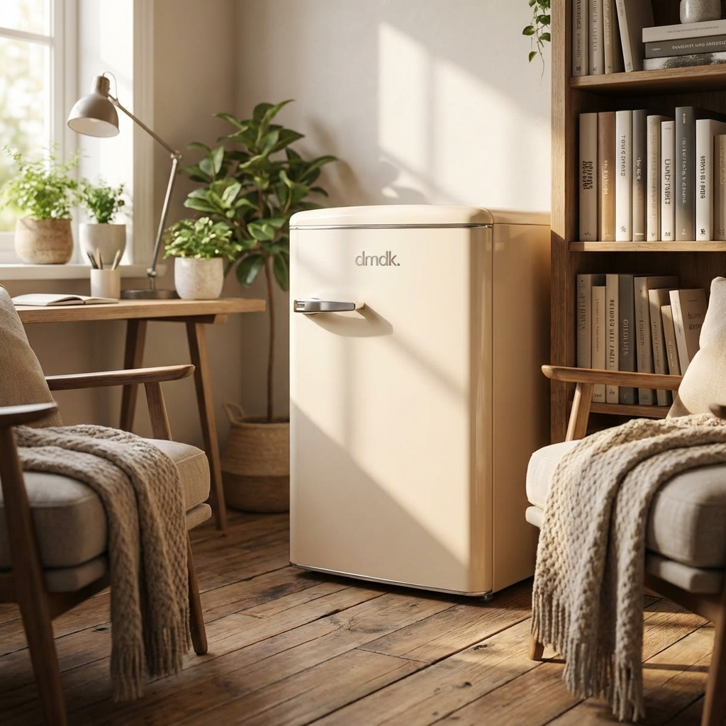 A cream-colored refrigerator stands beside a bookshelf on a wooden floor.