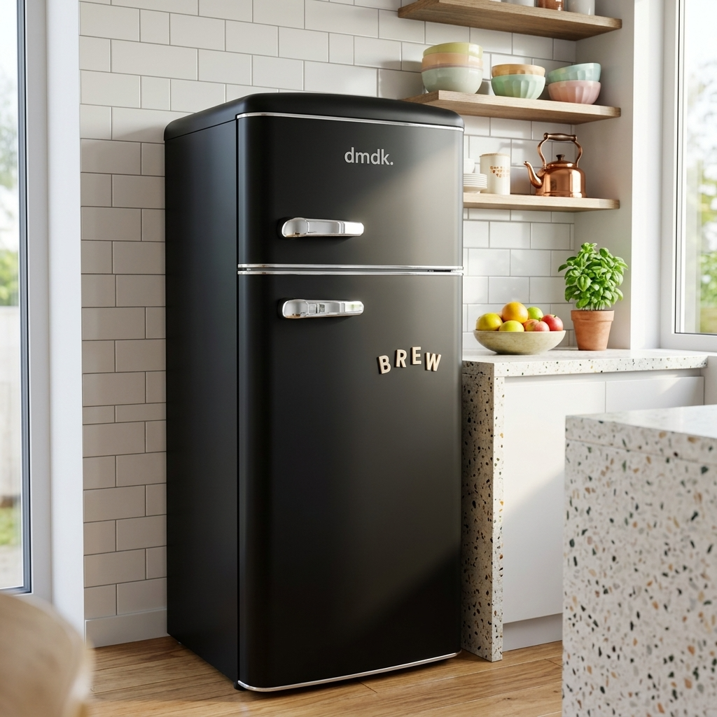 Un réfrigérateur rétro noir avec poignées argentées, dans une cuisine. Magnets 'BREW' sur la porte.