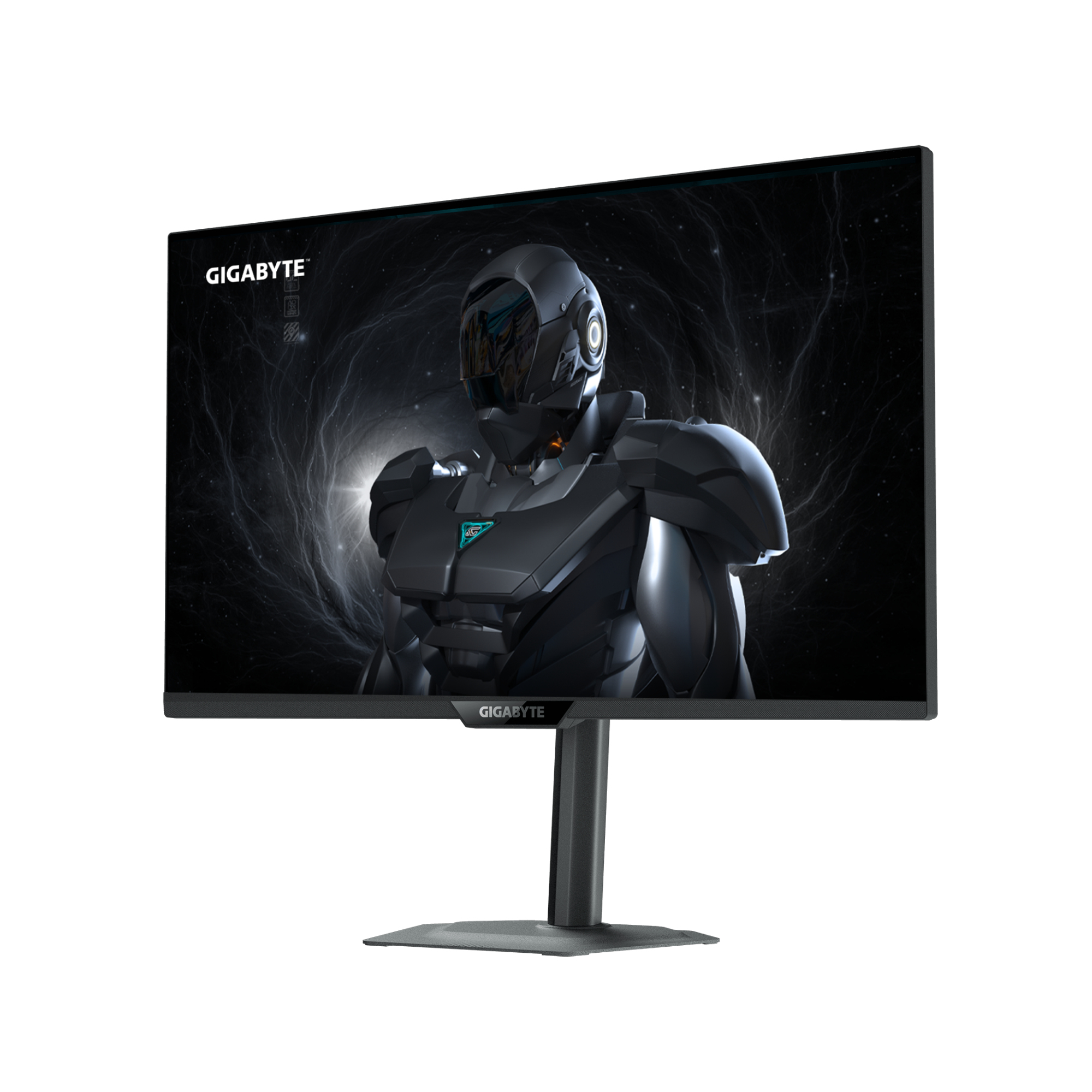 Ein schwarzer Gigabyte Gaming-Monitor zeigt eine futuristische Panzerfigur vor dunklem Sternenhintergrund.