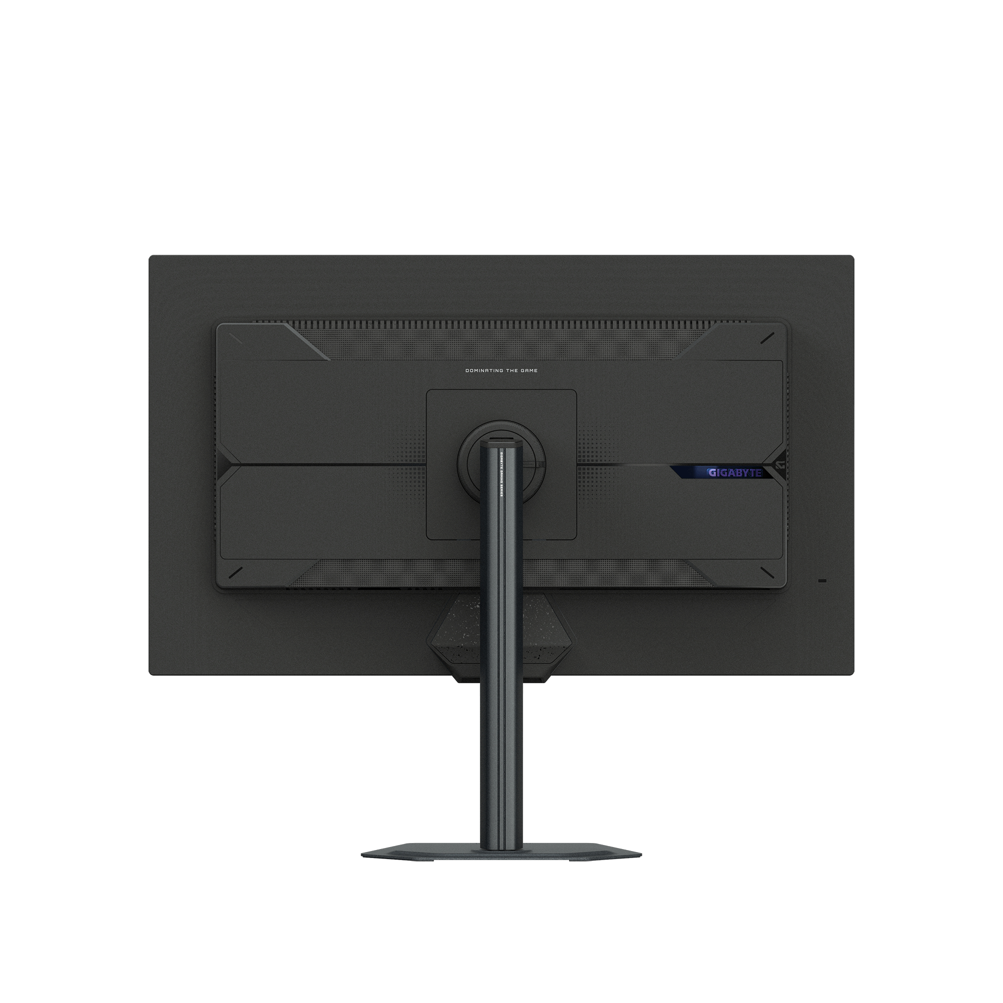 Rückseite eines schwarzen Monitors mit Ständer und Gigabyte-Logo.