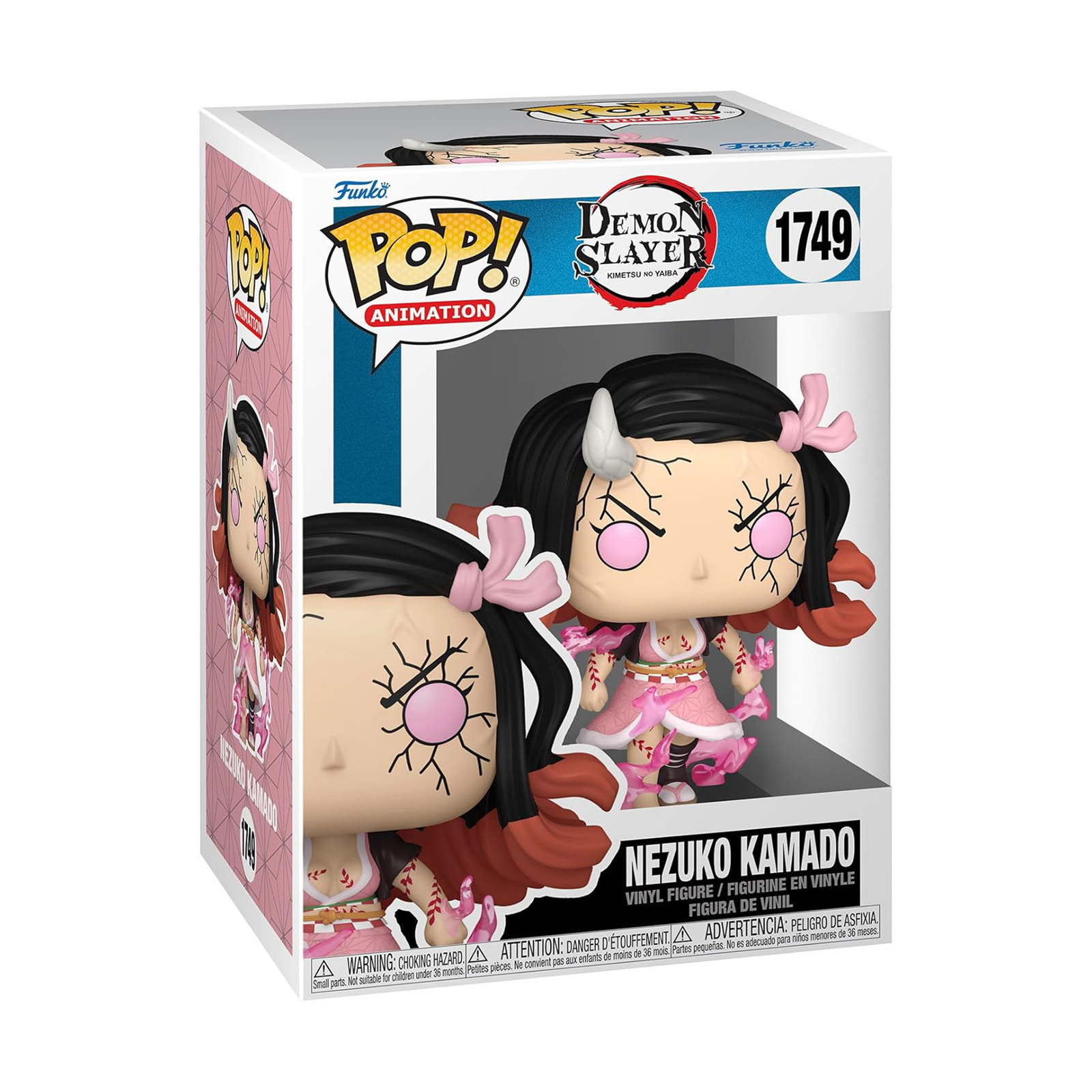 Funko Pop! Nezuko Kamado figure from Demon Slayer in a pink dress, with horns and bows.