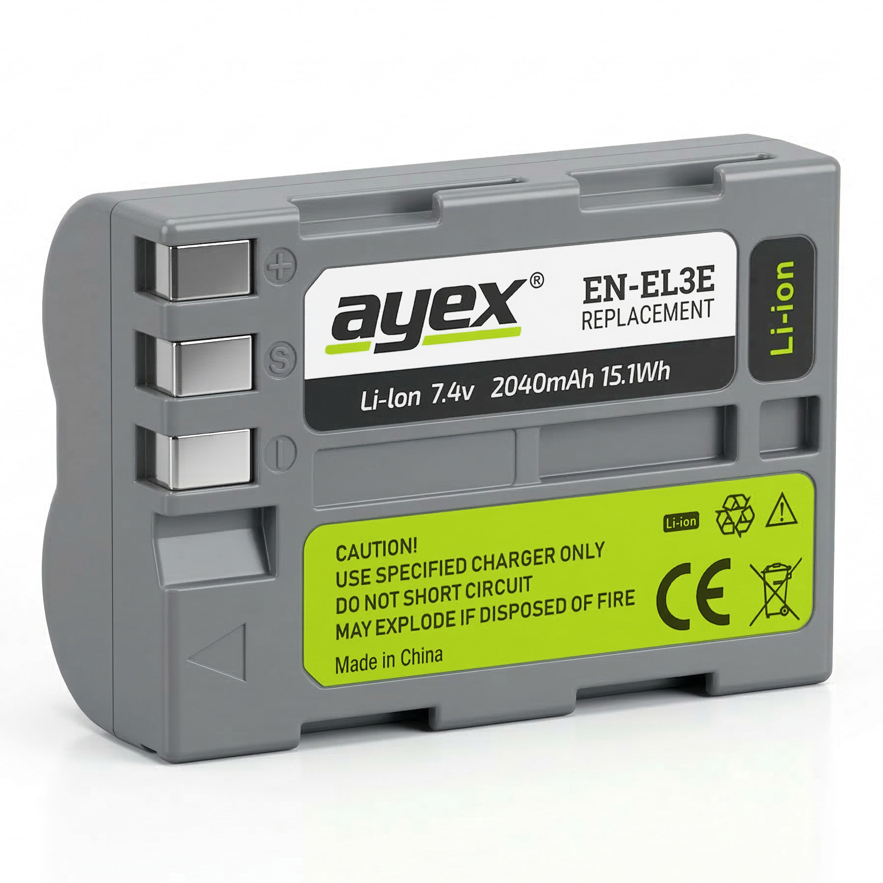 Grauer Li-Ion-Akku mit Beschriftung, 7,4 V, 2040 mAh.