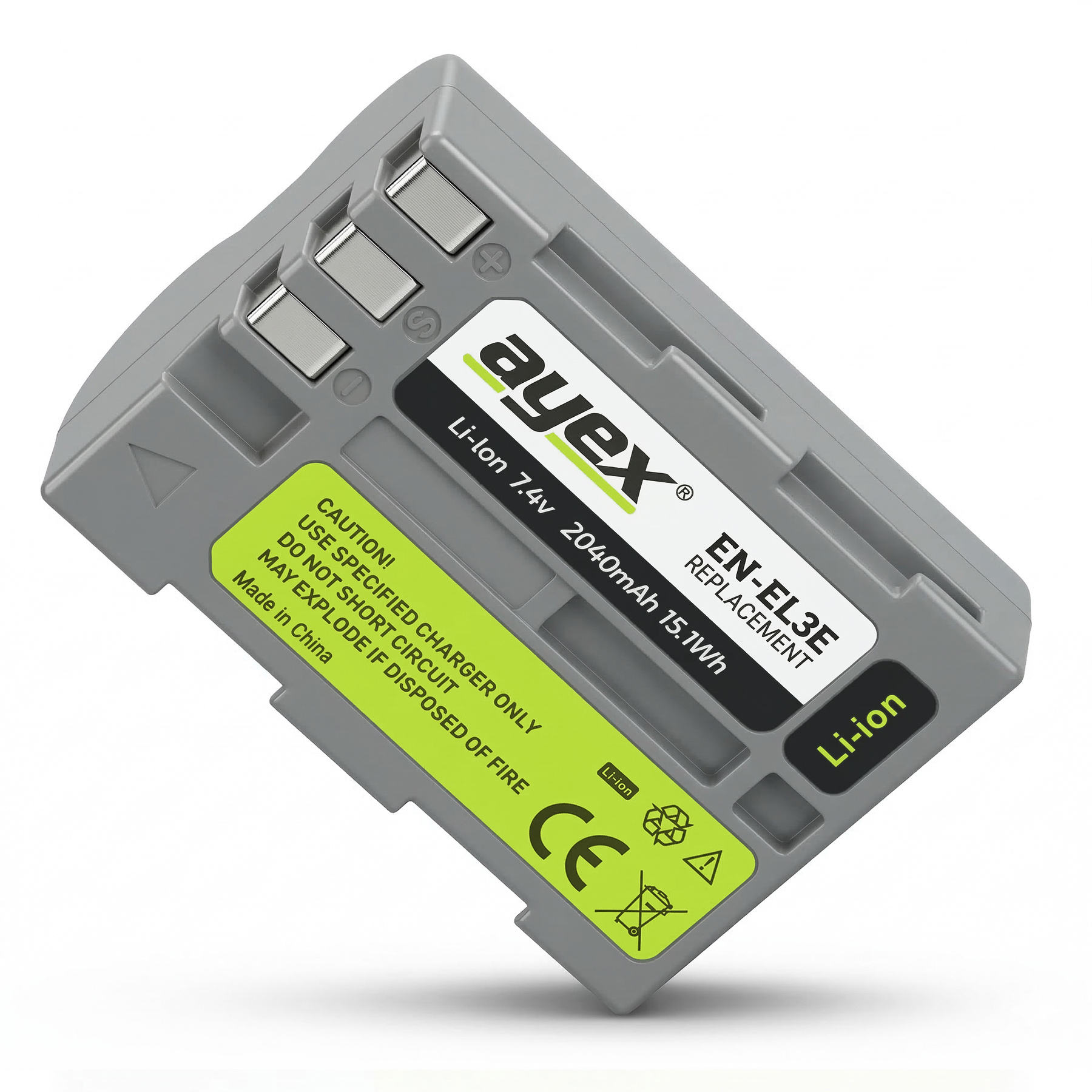 Grauer Li-Ion Akku mit silbernen Kontakten, Beschriftung: Ayex EN-EL3E 7.4V 2040mAh.