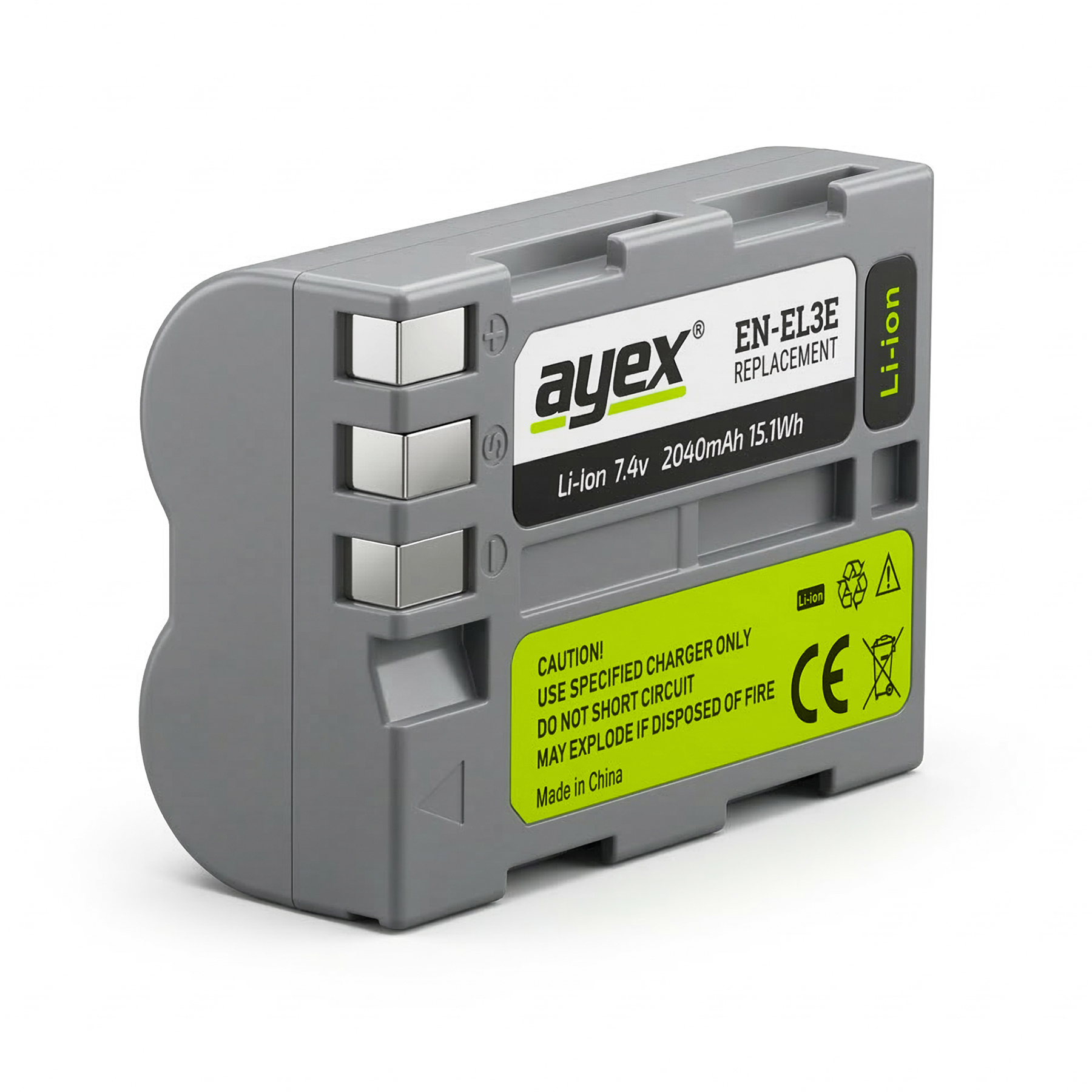 Grauer Ayex EN-EL3E Li-Ion Akku mit Ladeanzeige und Warnhinweisen.