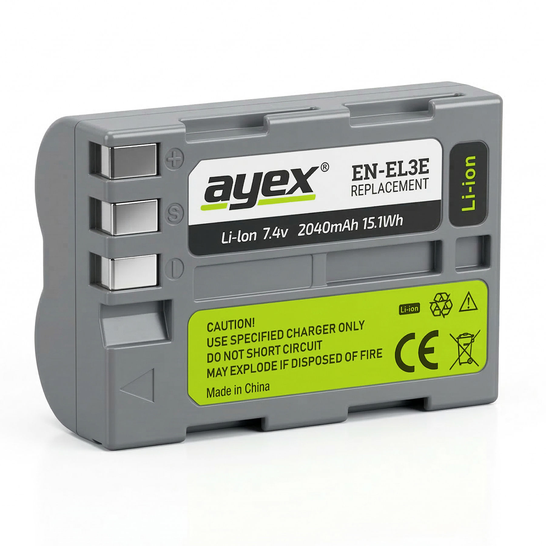 Graue Ayex EN-EL3E Li-Ion-Batterie mit silbernen Kontakten und Warnhinweisen.