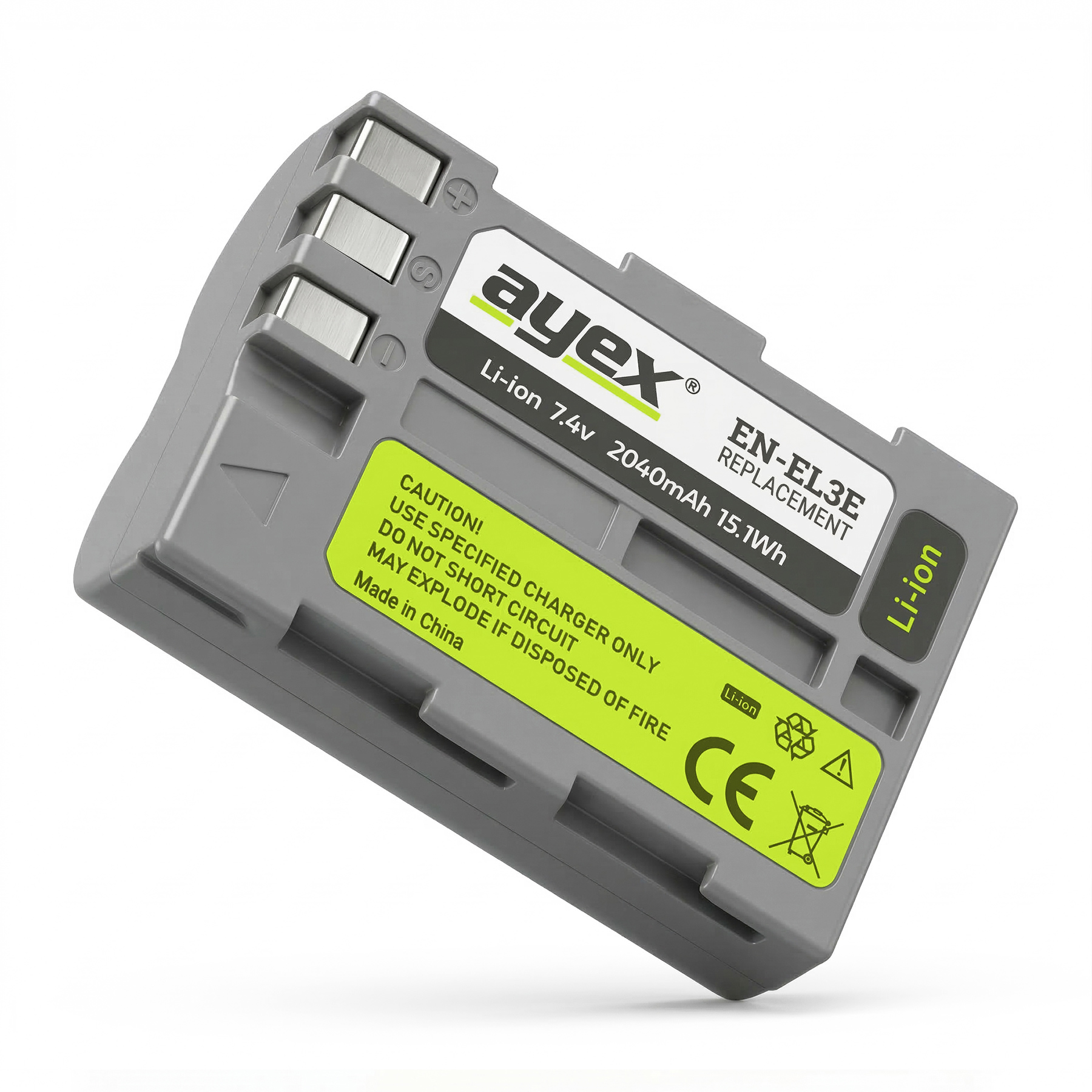 Grauer Li-ion Akku mit Beschriftung: Ayex, EN-EL3E, 7.4V, 2040mAh.