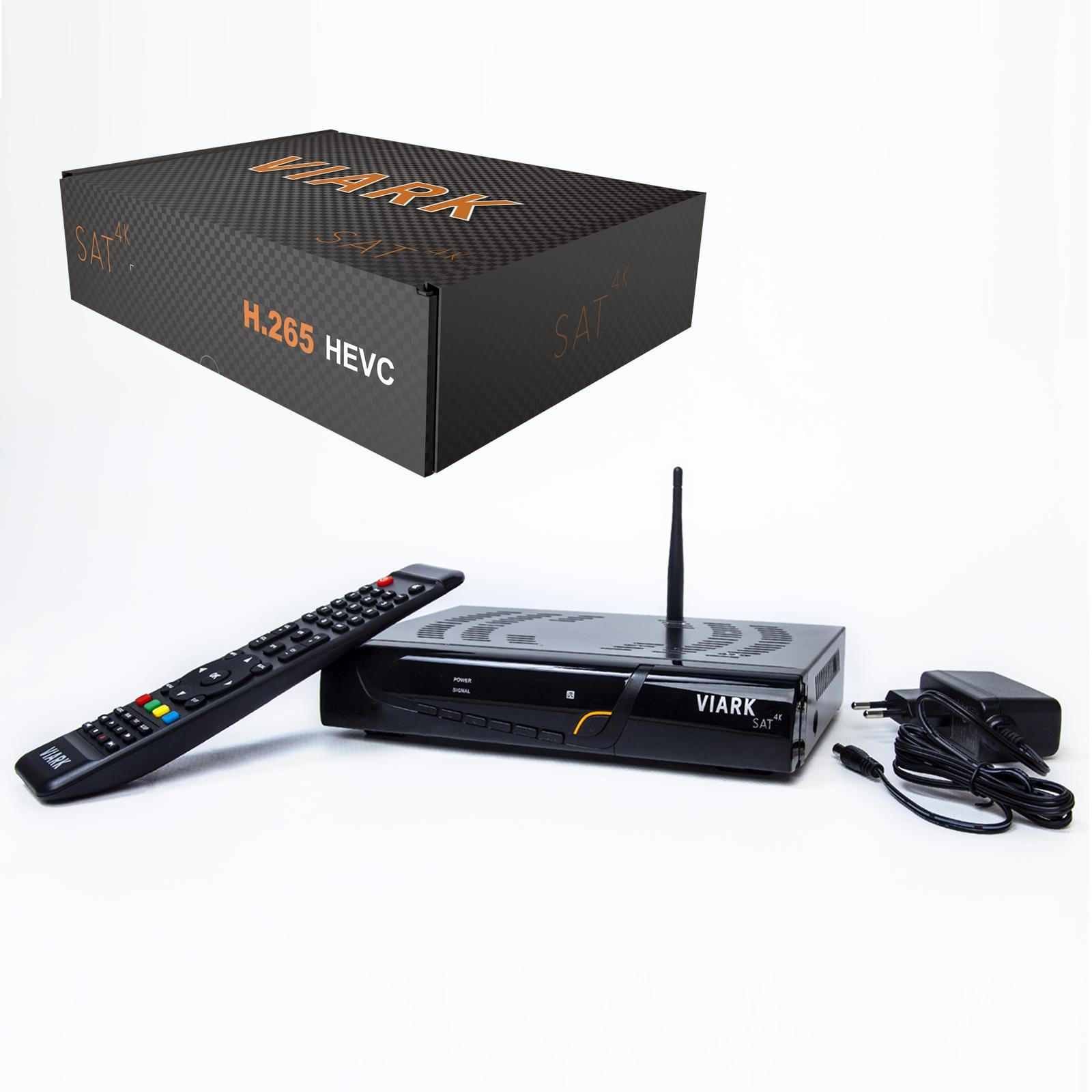 Un decodificador negro, control remoto, adaptador de corriente y caja con el texto "VIARK 4K SAT H.265 HEVC" sobre fondo blanco.