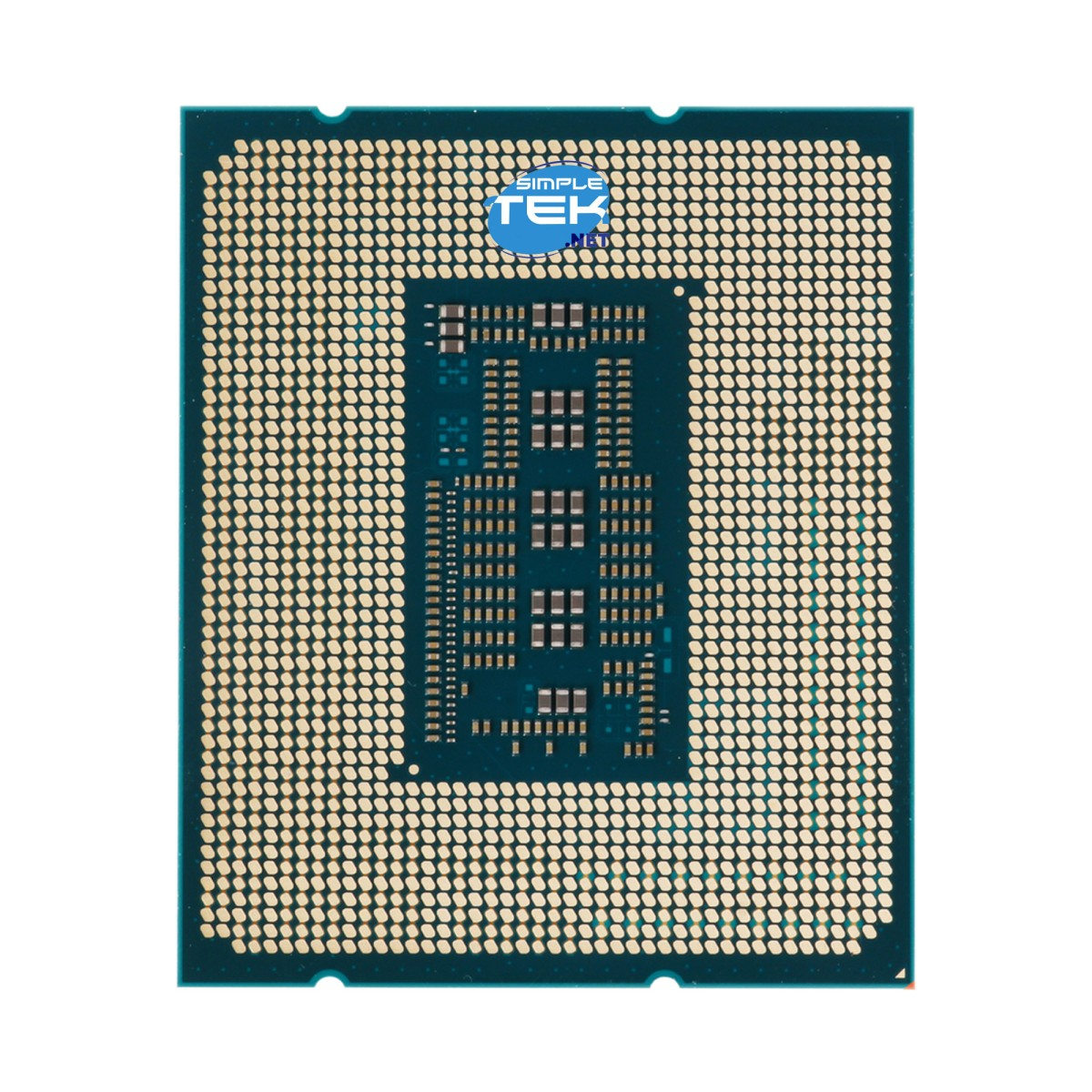 Çok sayıda altın pinli ve mavi logolu bilgisayar CPU'sunun üstten görünümü.