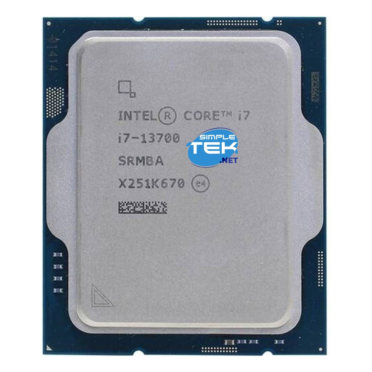 Detaylı işaretler ve Simple Tek logosu içeren Intel Core i7-13700 işlemci.