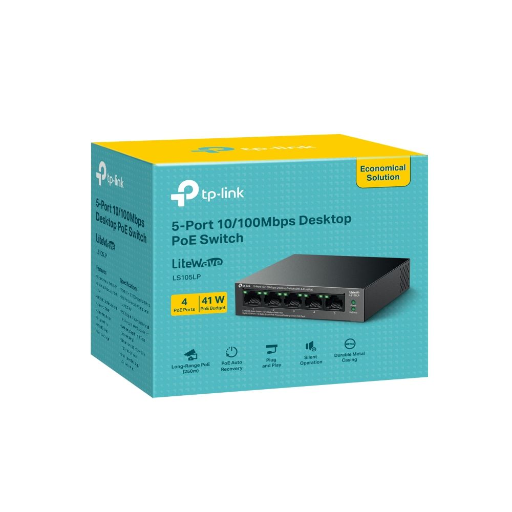 TP-Link 5-portowy przełącznik PoE desktop 10/100Mbps, LS105LP, z 4 portami PoE i budżetem 41W.