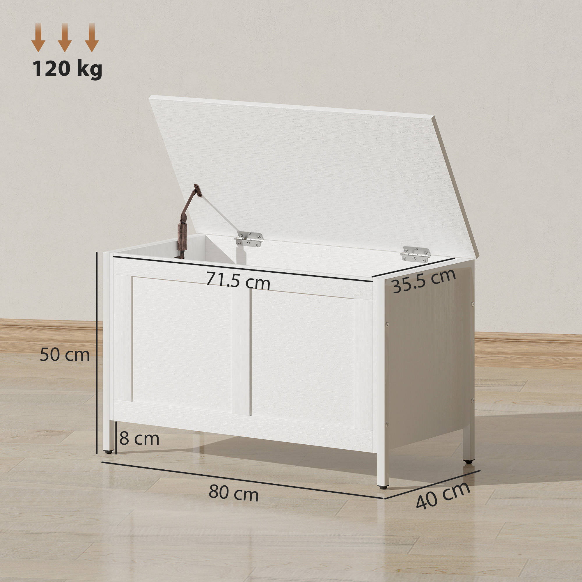 Arcón blanco con tapa abierta. Dimensiones 80x40x50cm. Carga máx 120kg.
