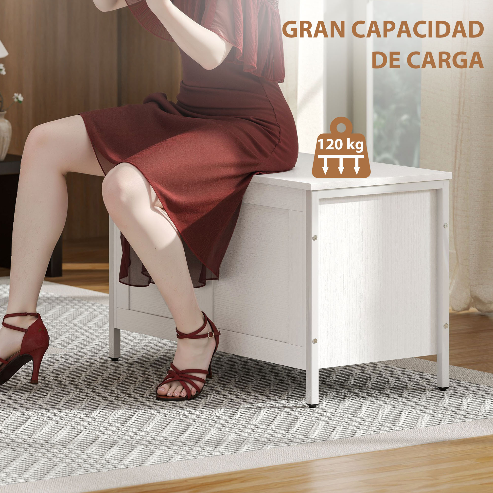 Una mujer con vestido rojo se sienta en un baúl blanco. Capacidad de carga 120 kg.