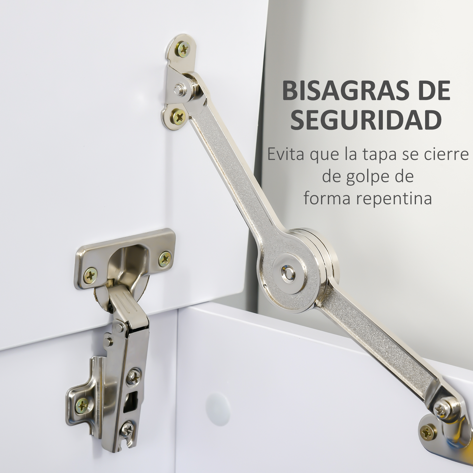 Primer plano de bisagras de gabinete y un brazo de soporte en una superficie blanca.