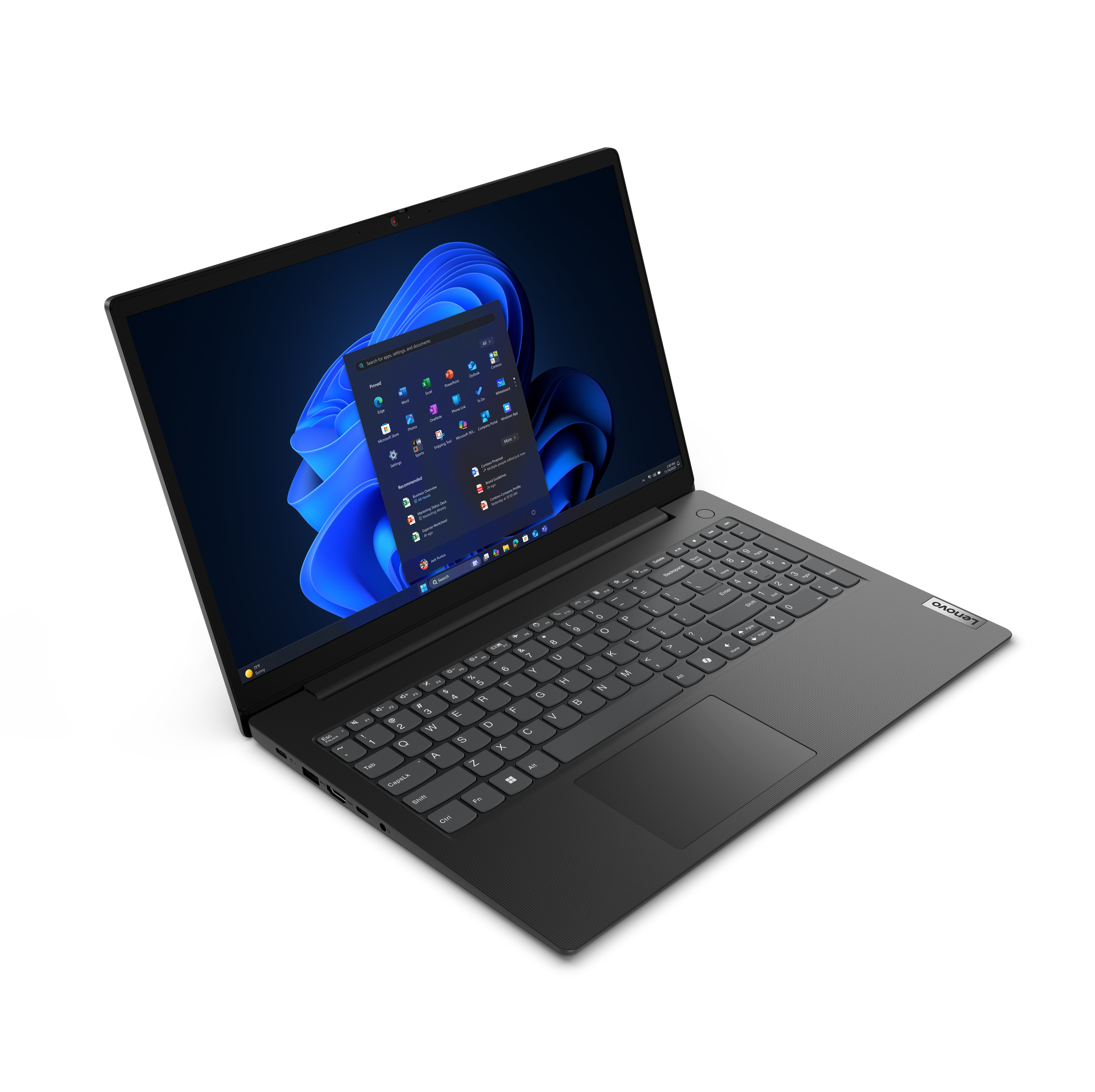 Ein geschlossener schwarzer Laptop mit Windows-Startbildschirm. Nahaufnahme der Tastatur.