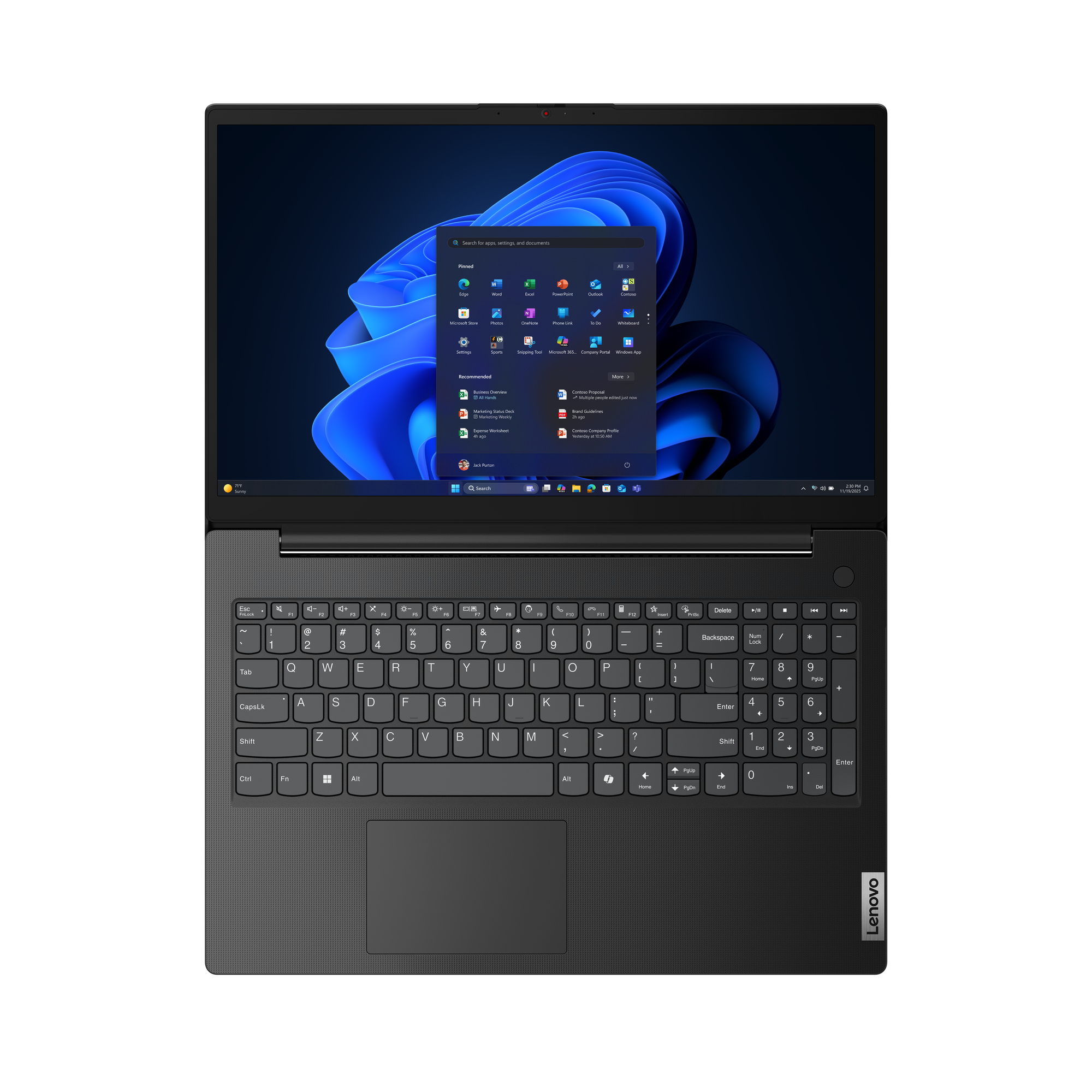 Un laptop nero aperto che mostra Windows 11 e la sua tastiera.