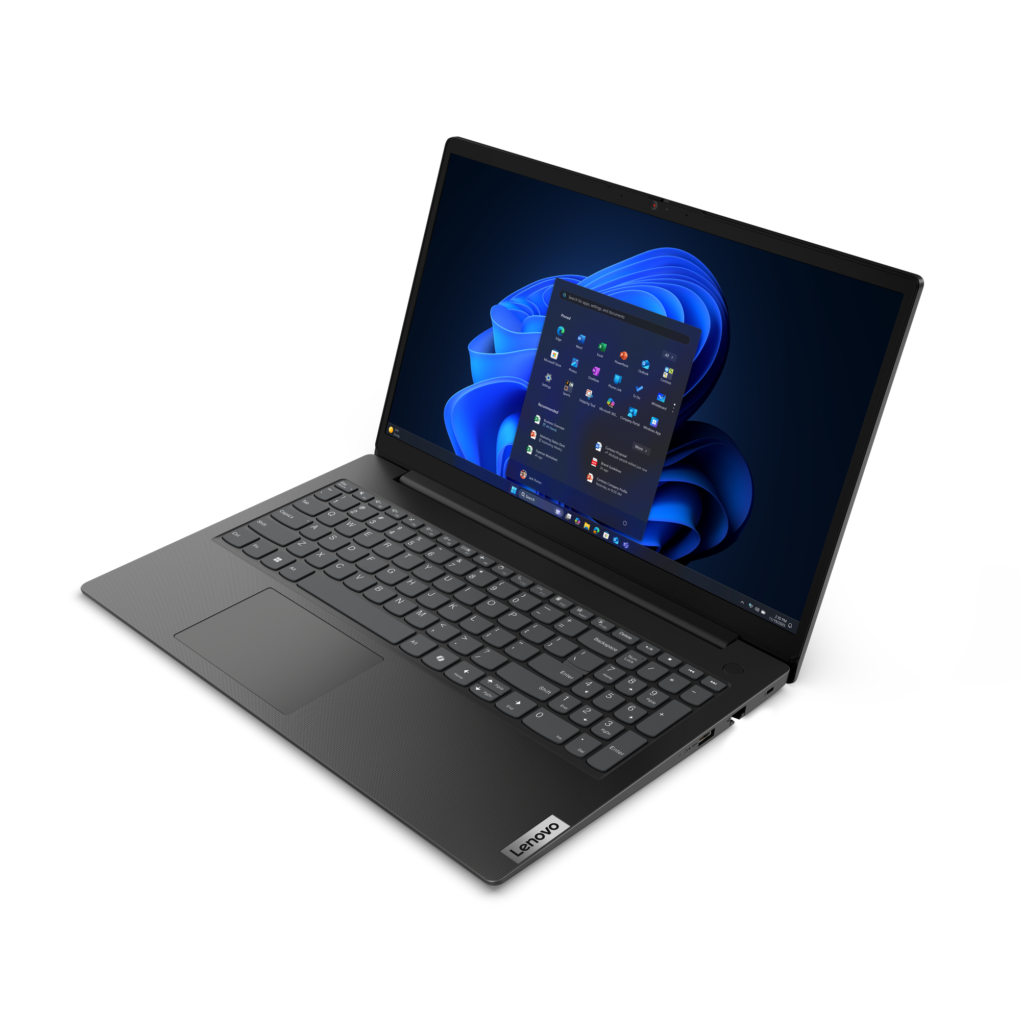 Ein geöffneter, dunkler Lenovo Laptop mit Windows 11 auf weißem Hintergrund.