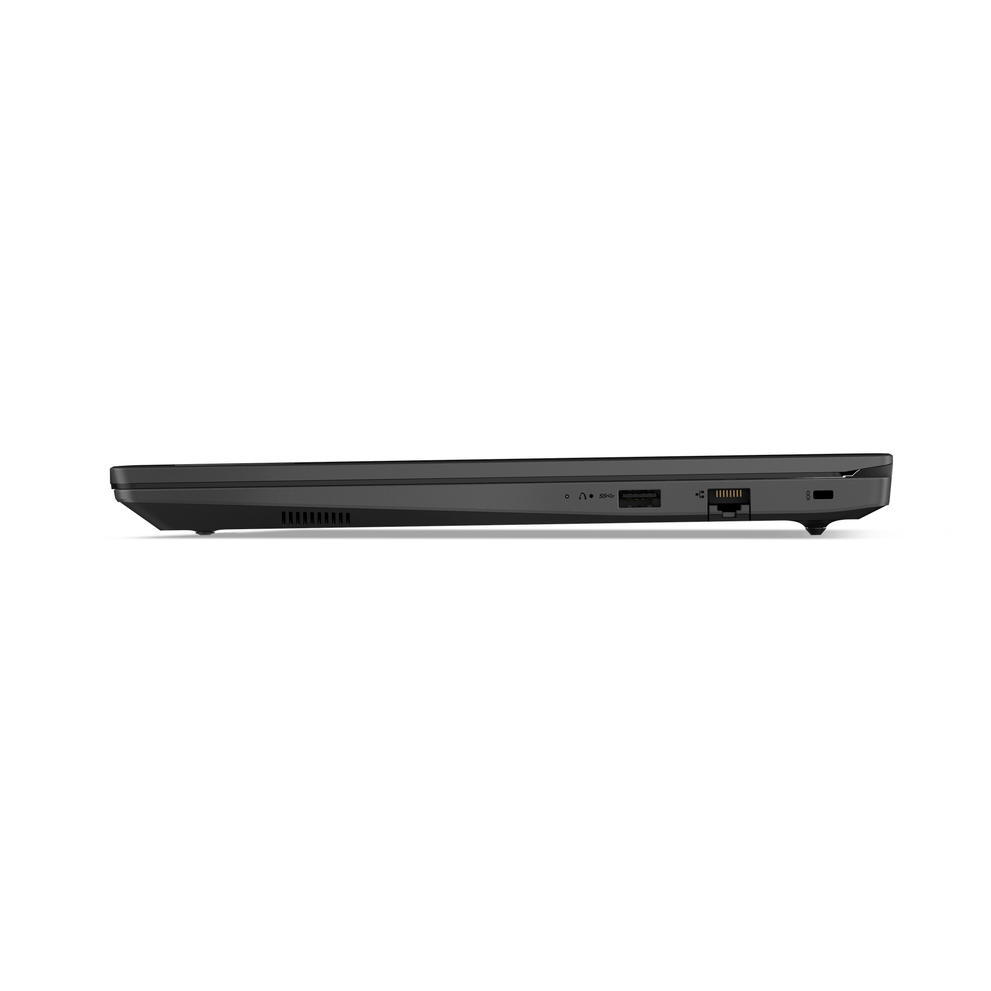 Schwarzer Laptop Seitenansicht. Anschlüsse: USB, Audio, Ethernet, HDMI. Lüfter unten.