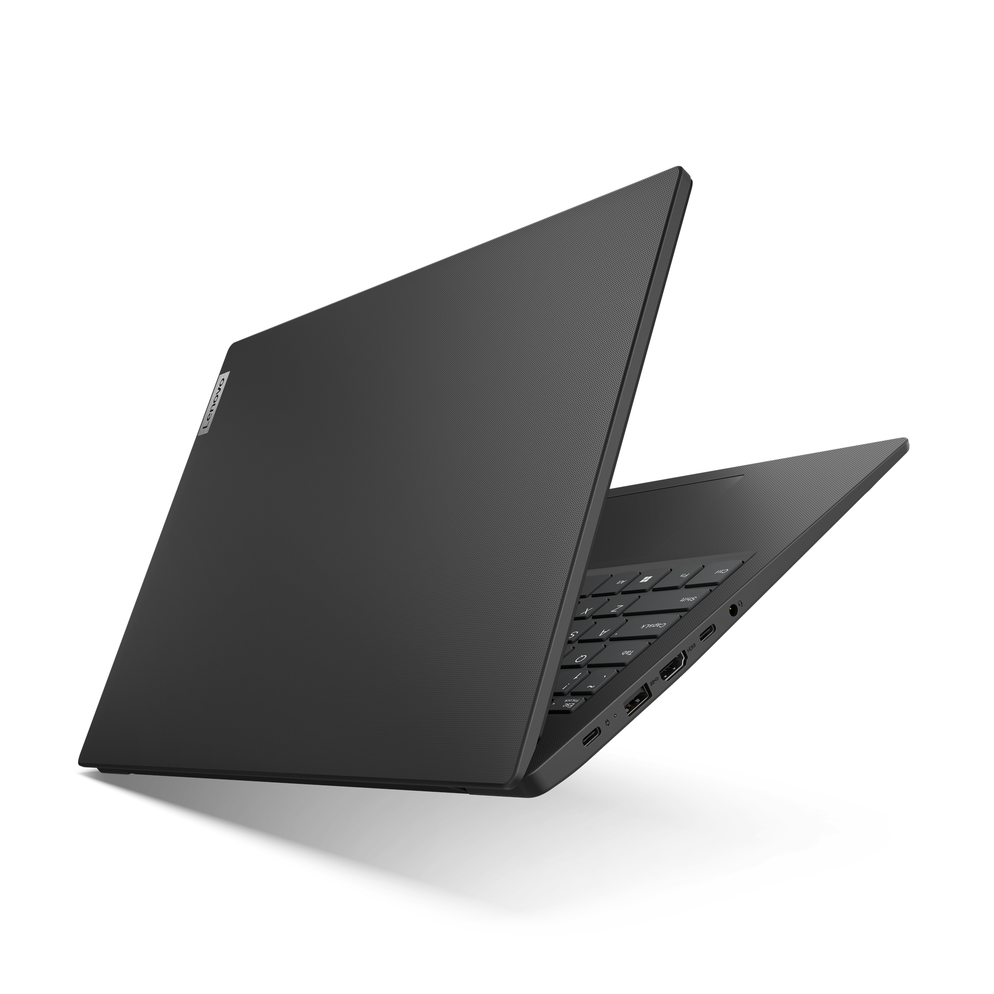 Un laptop nero chiuso con logo Lenovo, su sfondo bianco.