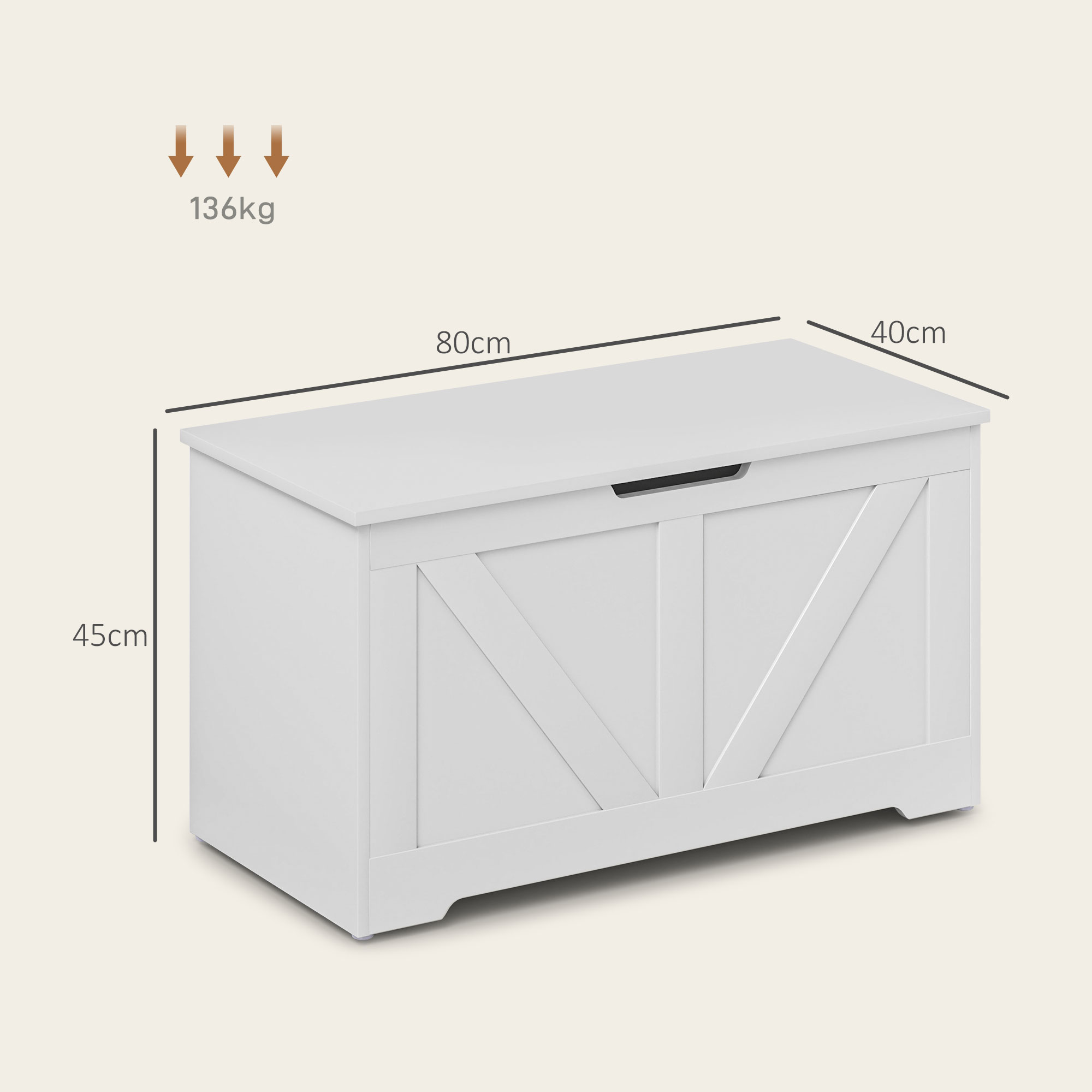 Cofre blanco con dimensiones 80x40x45cm y capacidad de carga 136kg.