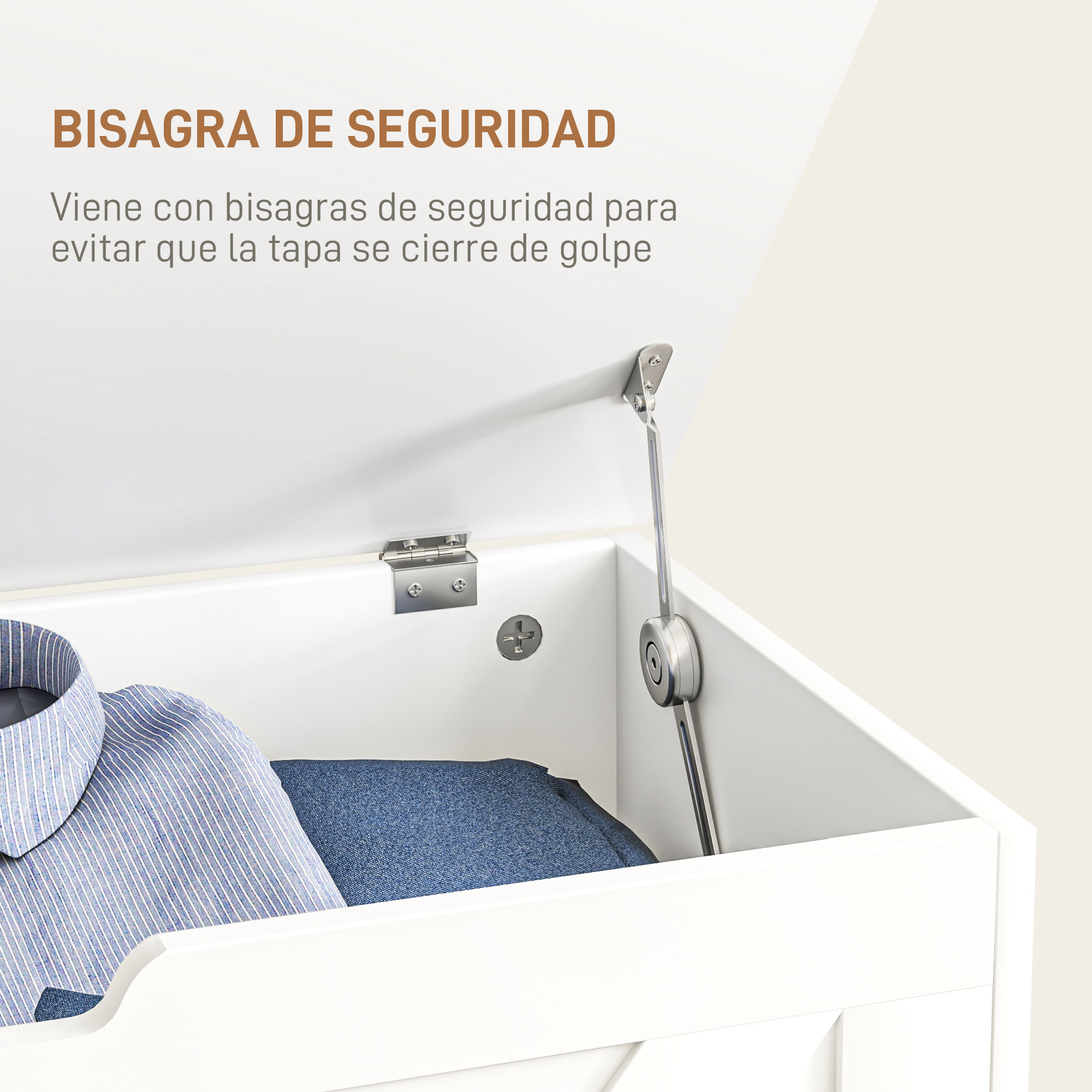 Un cofre blanco con una camisa azul a rayas y jeans dentro.