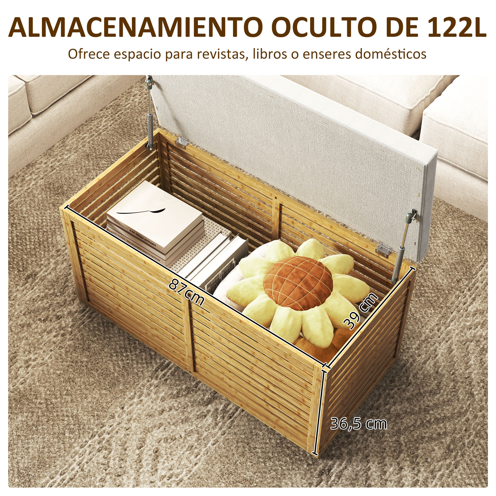 Arcón de madera abierto con libros y cojín, 87x39x36.5cm.