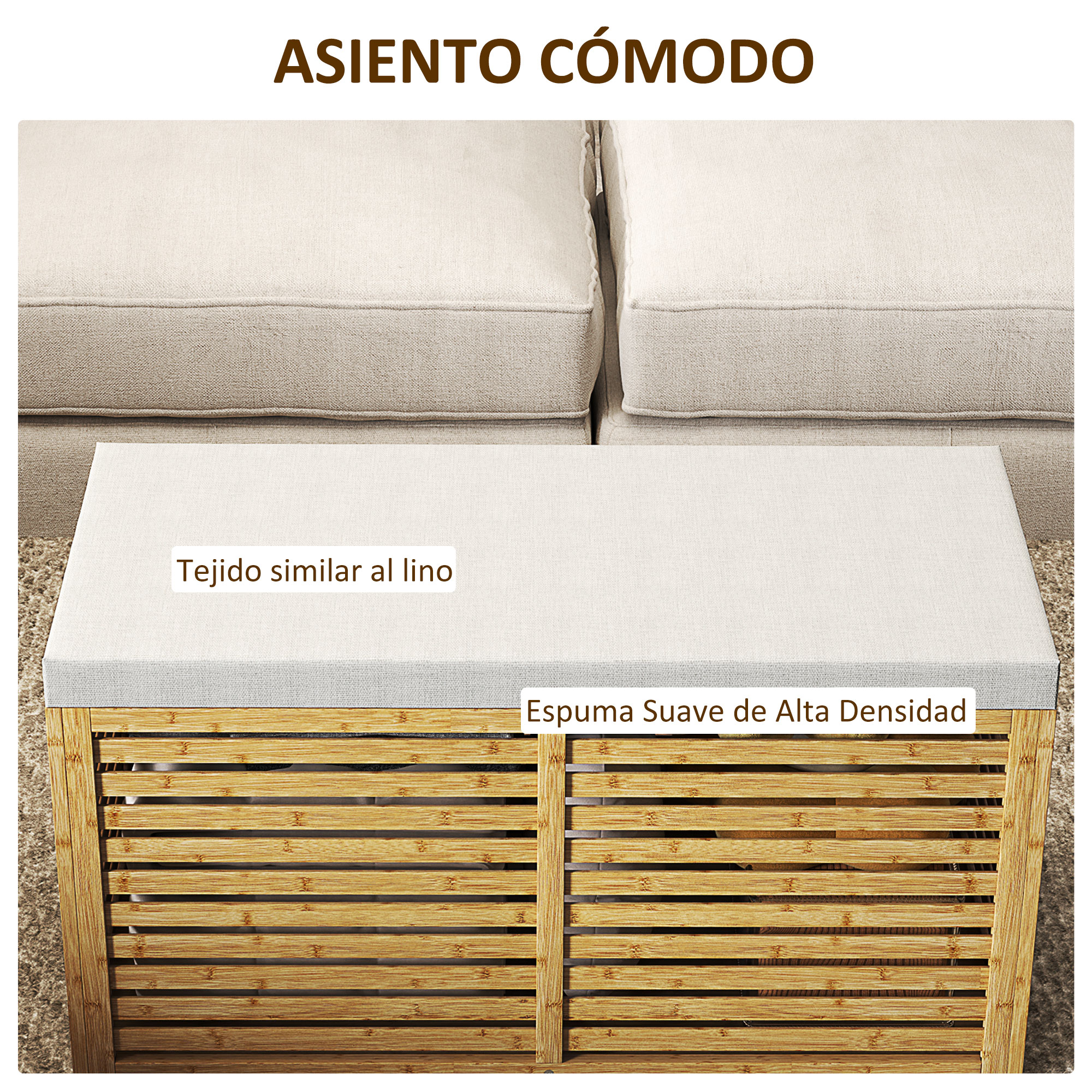 Un banco cómodo con tapicería gris claro y estructura de bambú.
