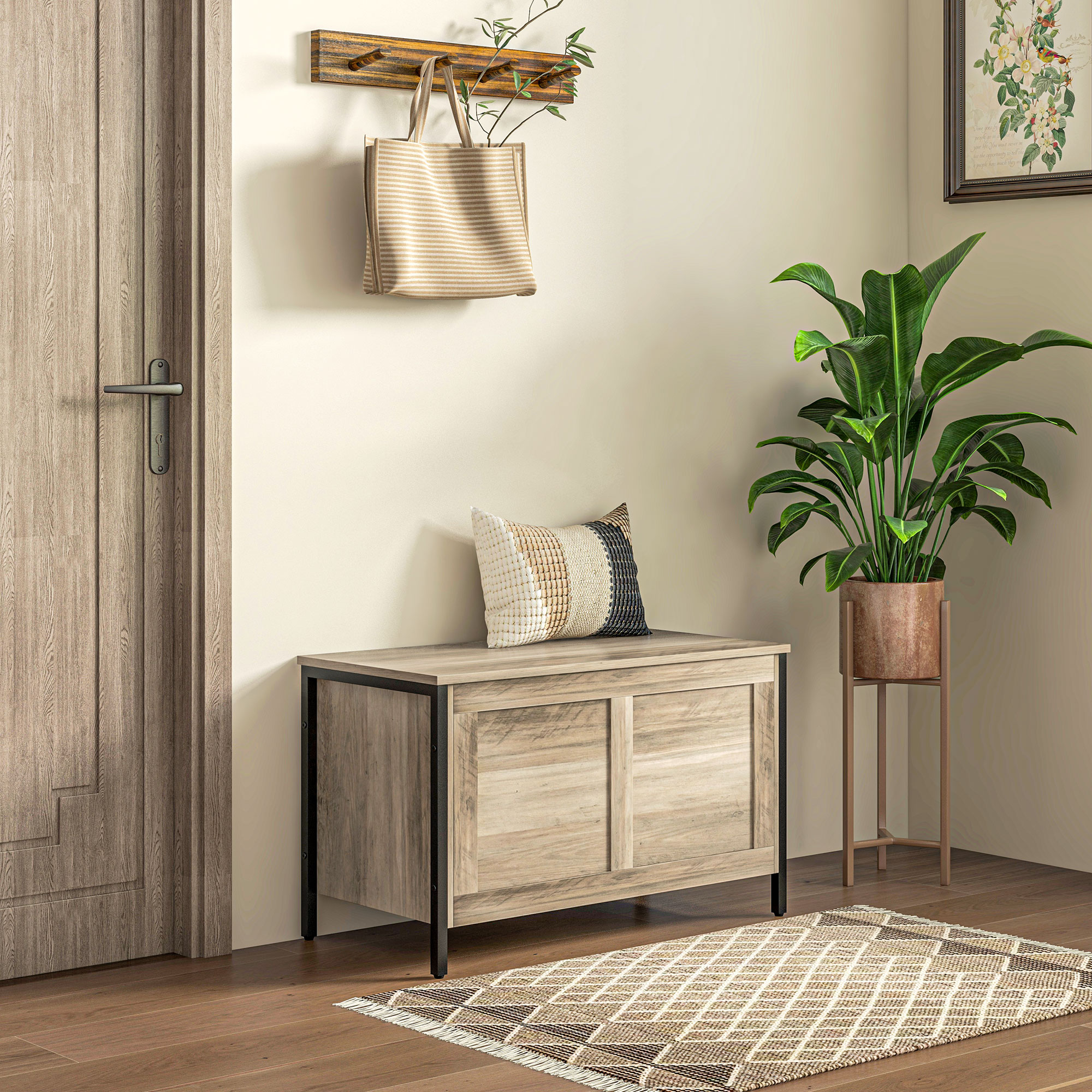 Armario de madera con cojín, bolso en gancho, planta y cuadro en pared.