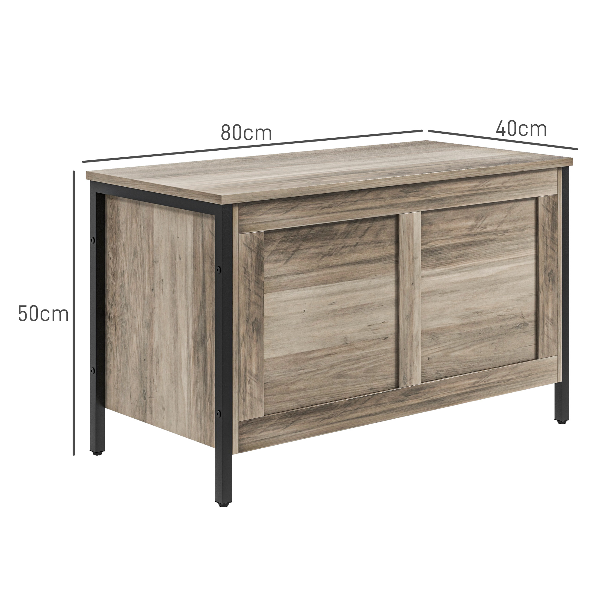 Un cofre de madera con patas de metal negro, mide 80x40x50cm.