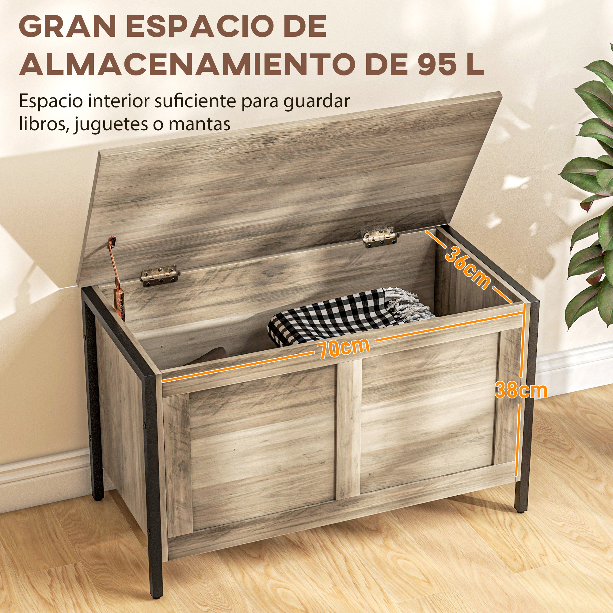 Arcón de madera con tapa abierta, lleno de manta a cuadros. Medidas 70x36x38cm.