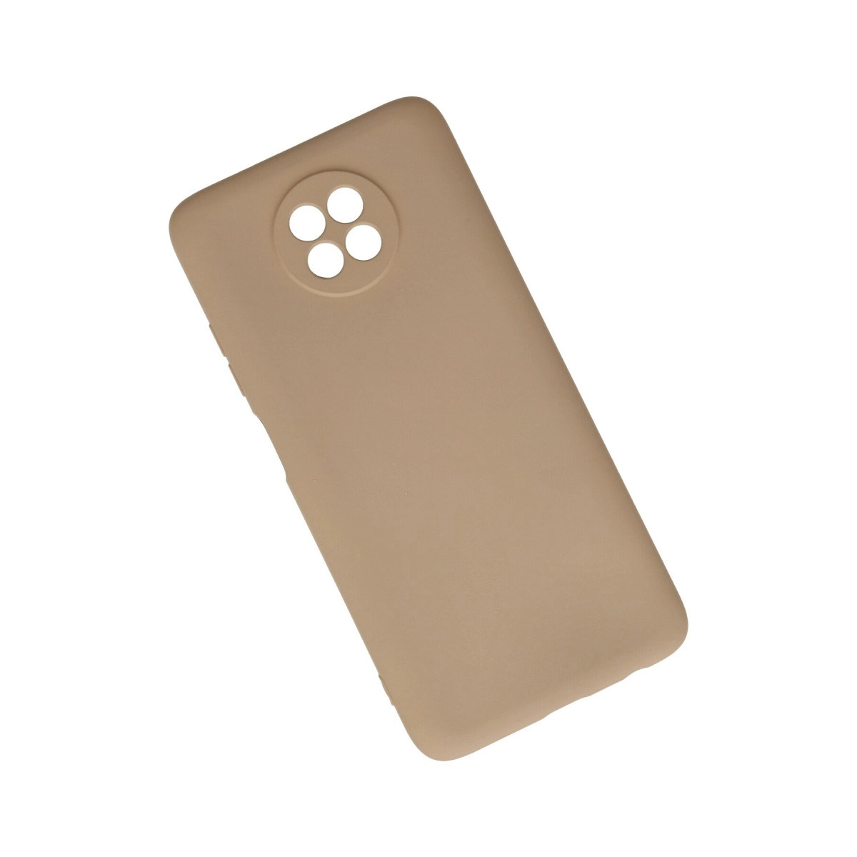 Arkada dört yuvarlak kamera kesiği olan bej telefon kılıfı.