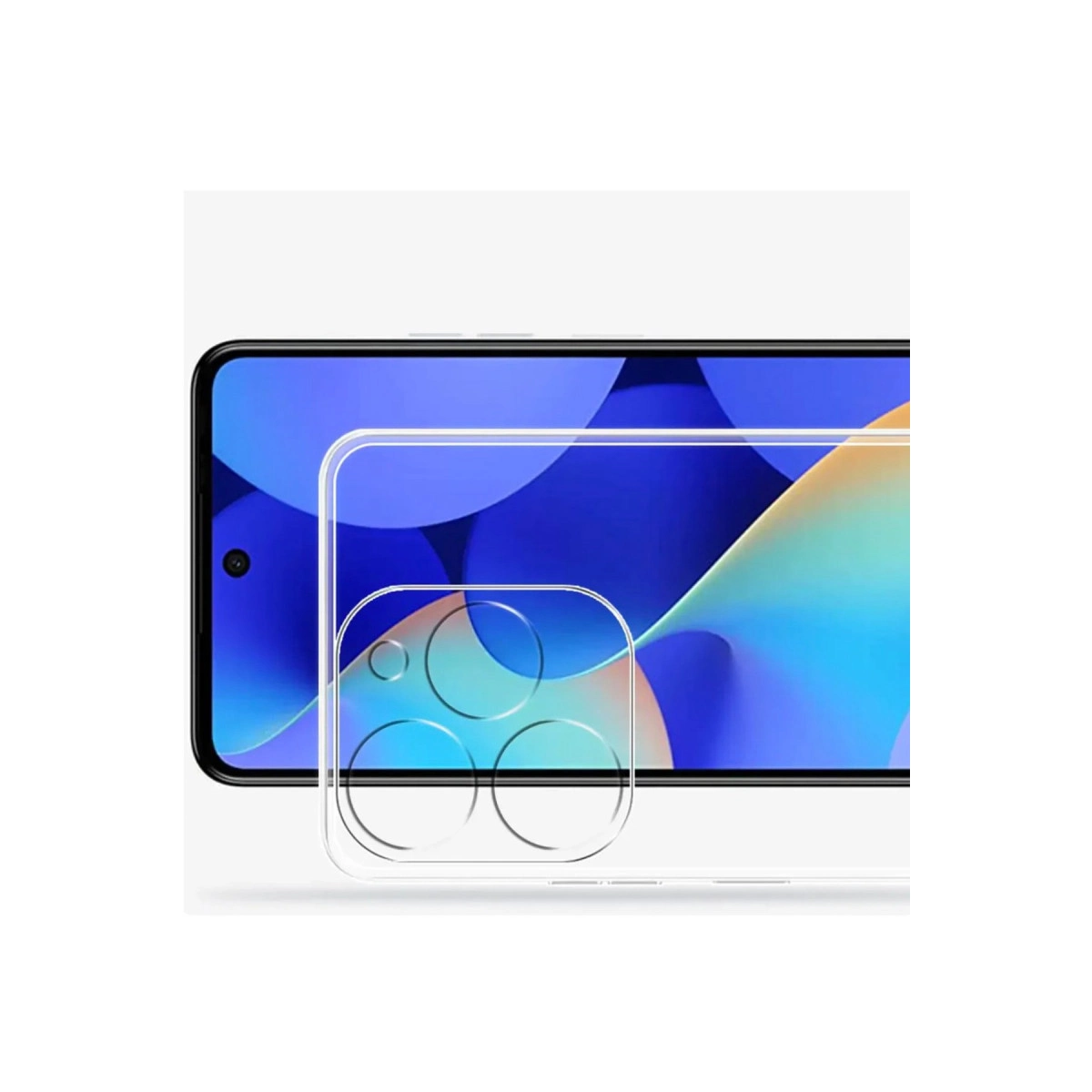 Mavi arka plan üzerinde üç kamera lensi kesimli şeffaf telefon kılıfı.