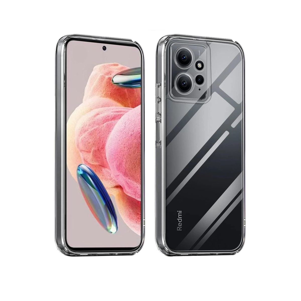 Gümüş süslemeli şeffaf telefon kılıfı beyaz arka plan üzerinde.