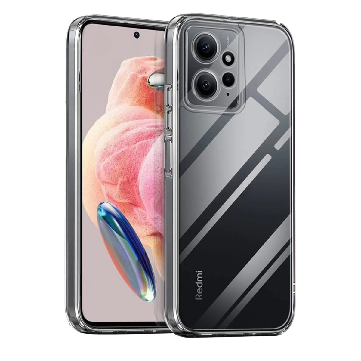 Telefon içinde şeffaf kılıf, beyaz arka plan üzerinde.