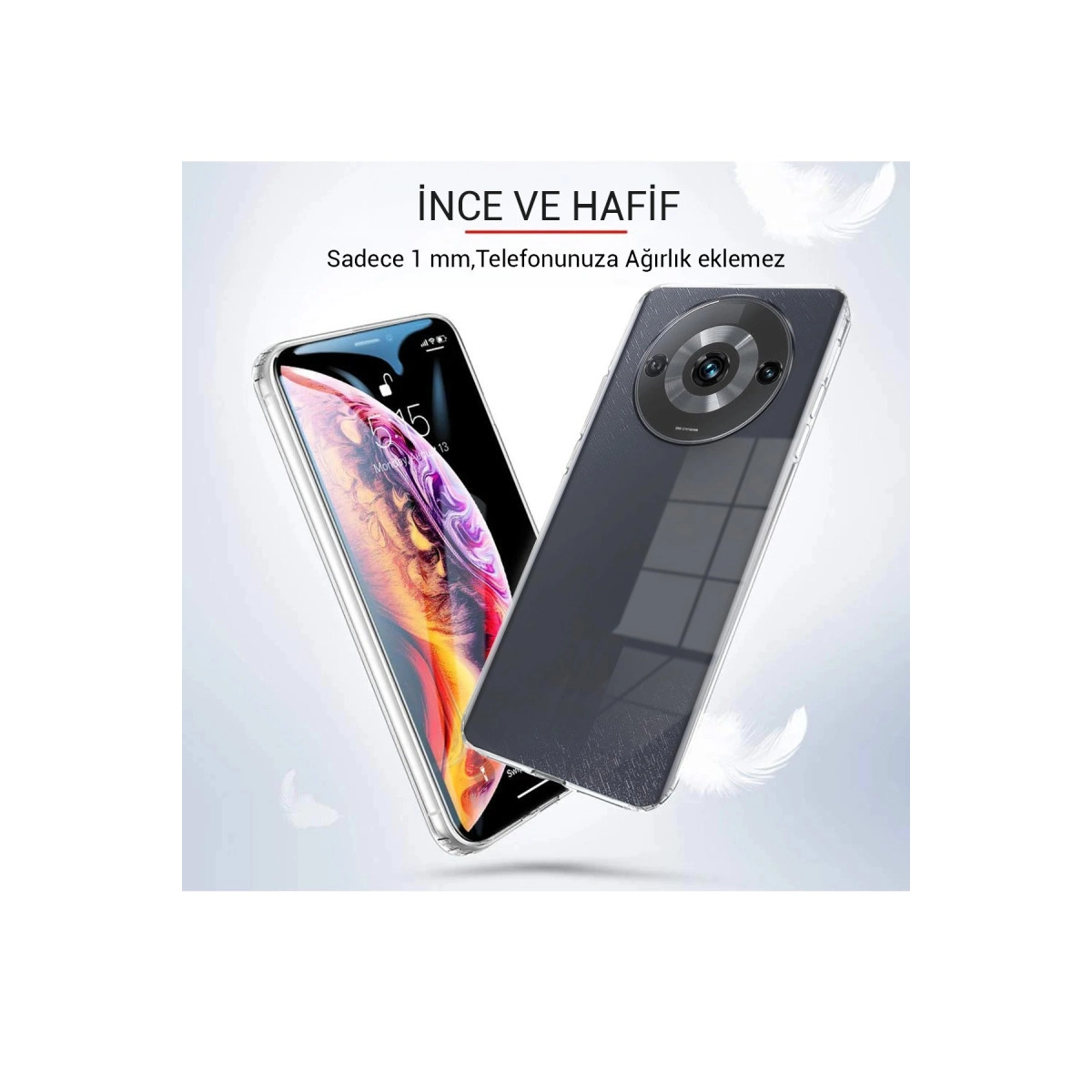 İki telefon kılıfı, biri şeffaf, biri koyu gri ve kameralı.