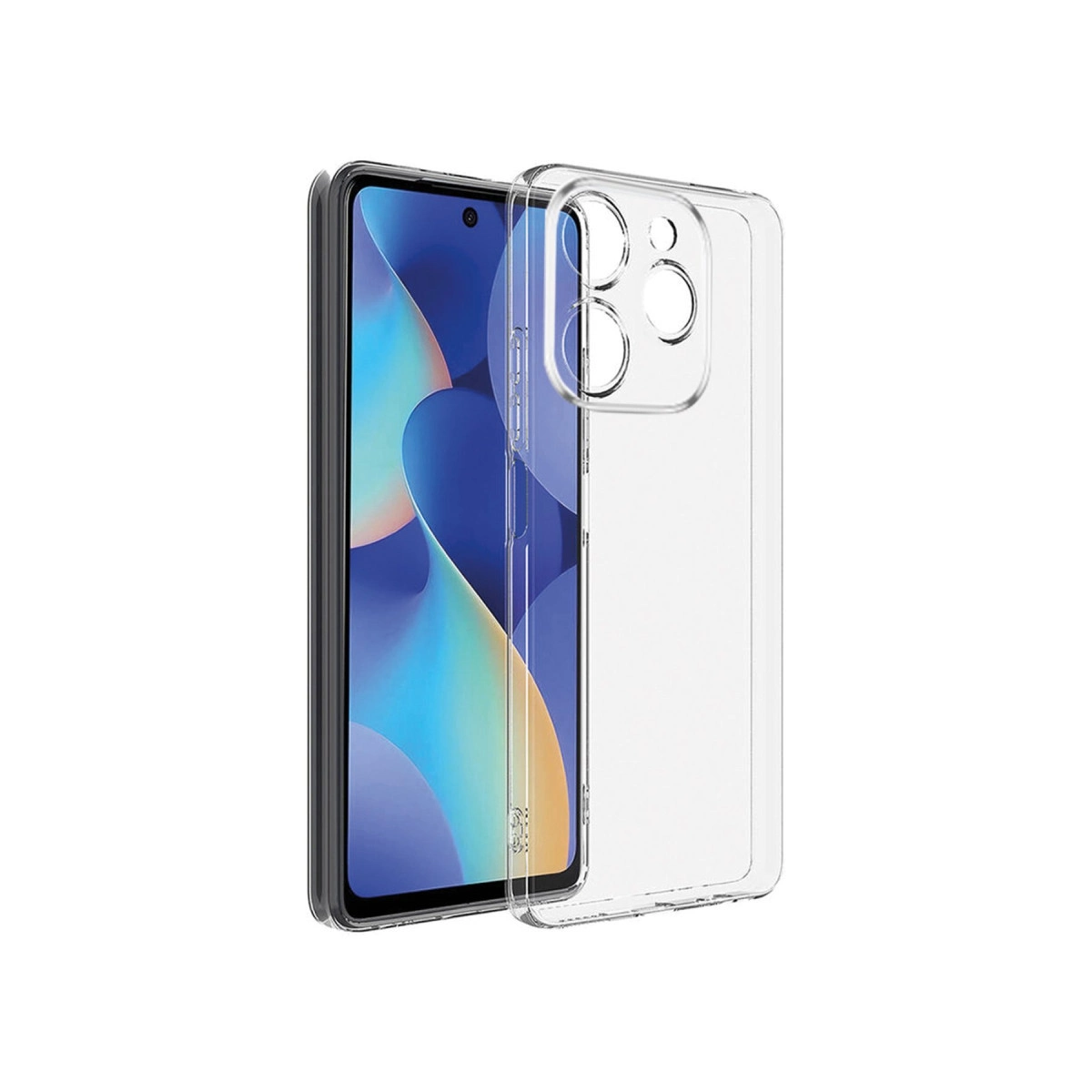 Mavi arka planlı bir akıllı telefonun yanında şeffaf telefon kılıfı.