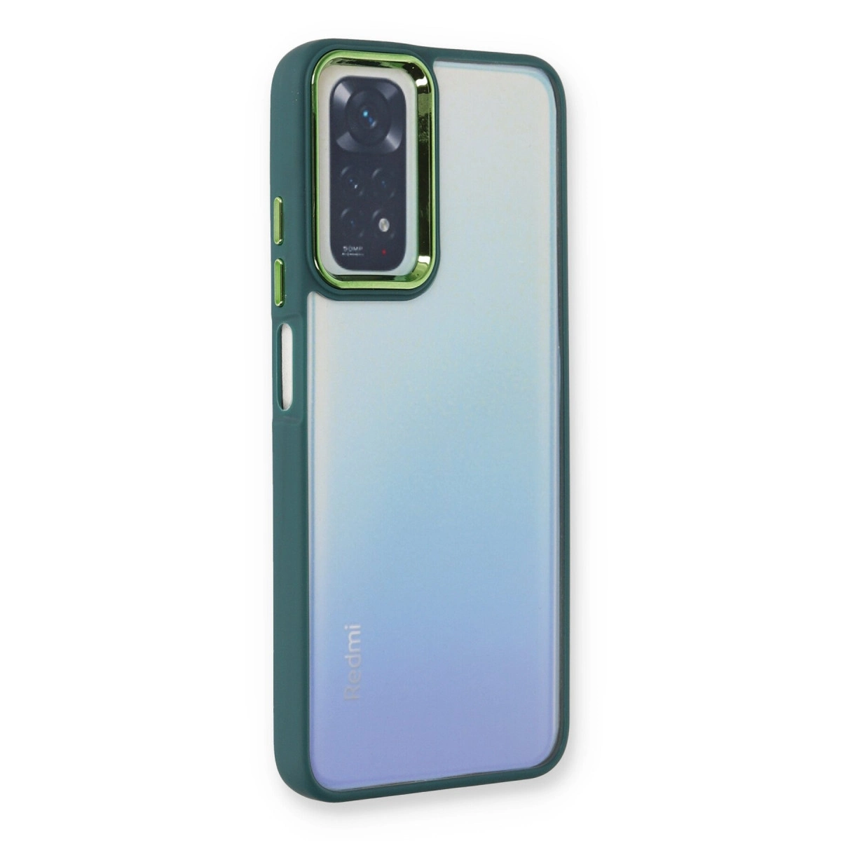 Kamera ünitesi ve Redmi logosu bulunan yeşil telefon kılıfı.